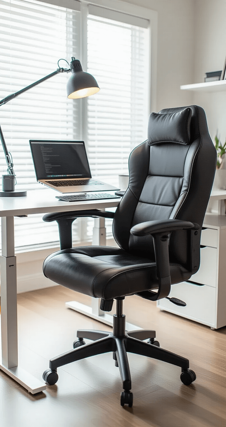 A modern home office featuring a black ergonomic chair at a sleek white standing desk, equipped with an adjustable laptop stand and wireless keyboard, bathed in natural light from a large window with white blinds, showcasing organized cable management and minimalistic decor in neutral tones.