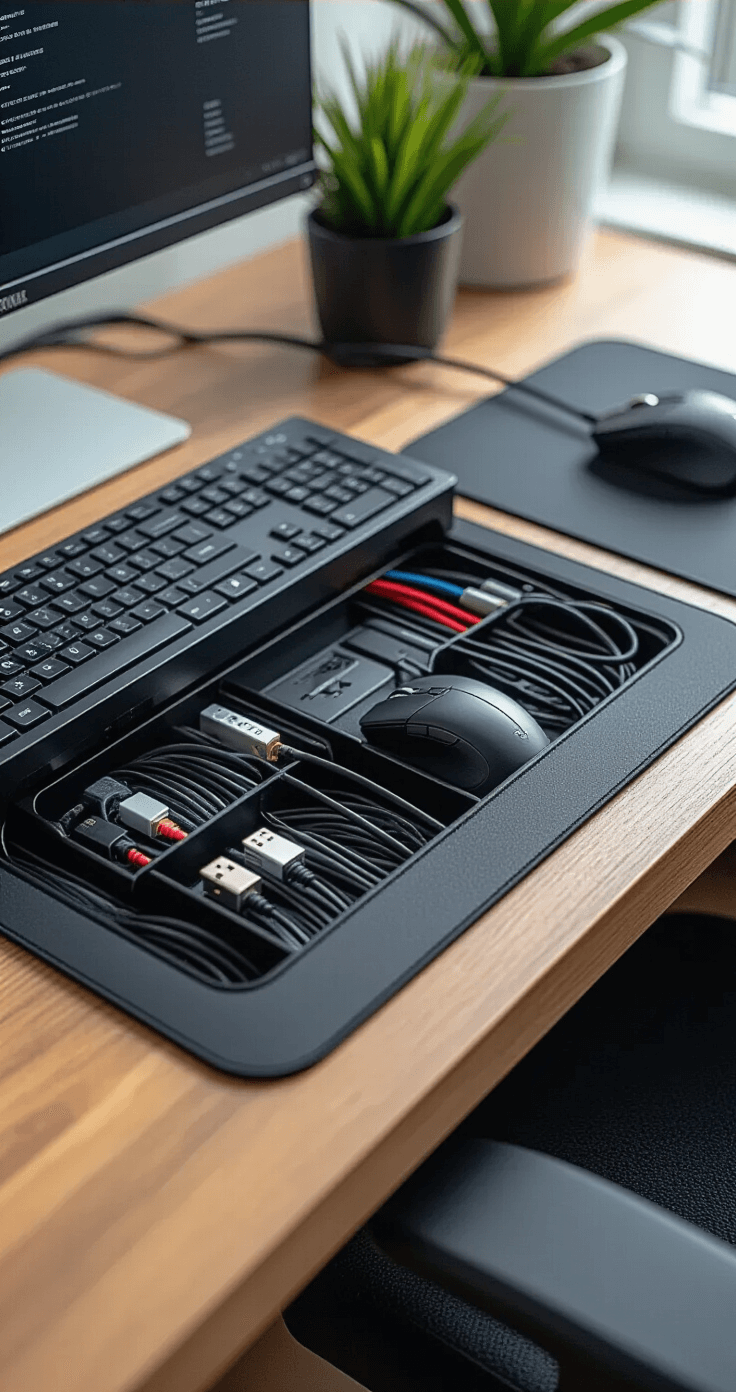 Close-up view of a meticulously organized desk showcasing premium cable management, including an under-desk cable tray and labeled charging cables, a power strip mounted beneath the desk, a high-end monitor with slim bezels, and a wireless mouse on an ergonomic pad, all illuminated by soft diffused lighting with modern black and silver accents.