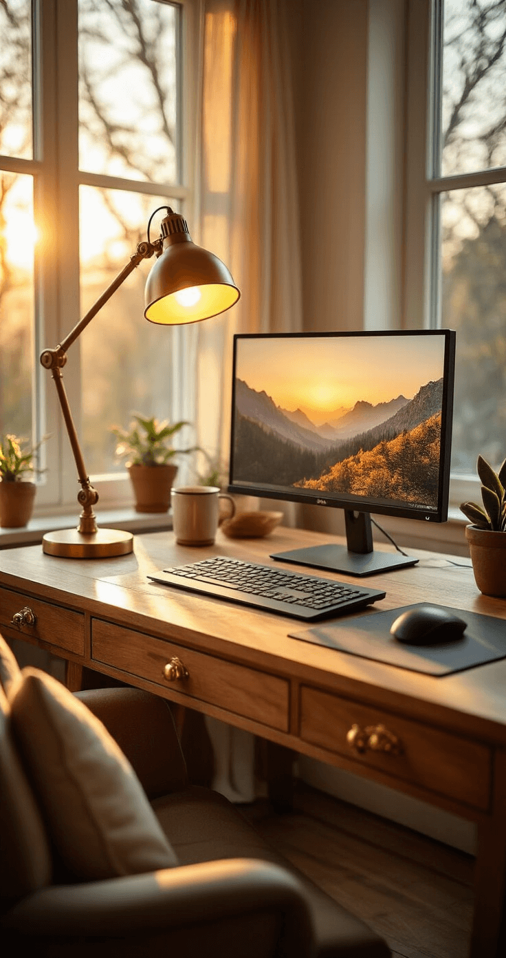Cozy home office during golden hour with warm natural light, featuring an adjustable LED desk lamp, a monitor light bar, and soft ambient lighting from the window. The ergonomic workspace includes a warm wood desk with brass accents, and a comfortable reading corner is visible in the background, creating an inviting and productive atmosphere without harsh shadows.