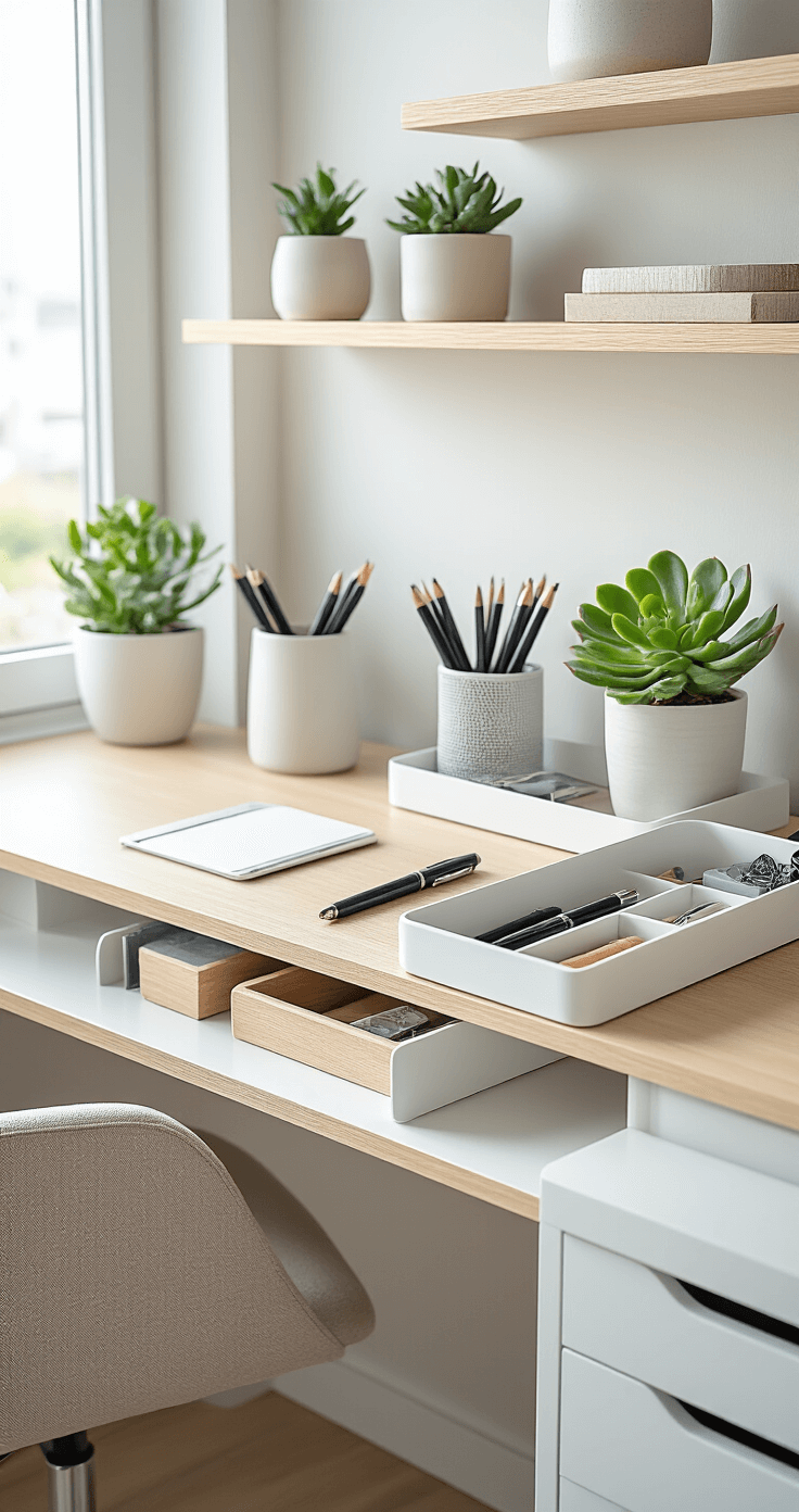 Stylish Scandinavian-inspired desk organization featuring sleek desktop organizers, under-desk drawers, wall-mounted shelves with minimal decor, and small potted succulents, all in bright natural lighting.