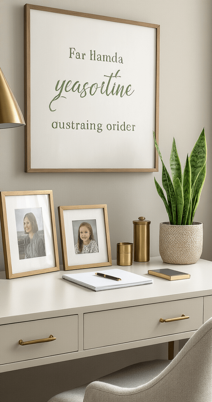 A modern workspace with a small snake plant, two framed family photos, stylish brass desk accessories, and inspirational artwork on the wall, featuring sage green accents and a clean desk, illuminated by natural light from a side window, creating a balanced, inviting atmosphere.