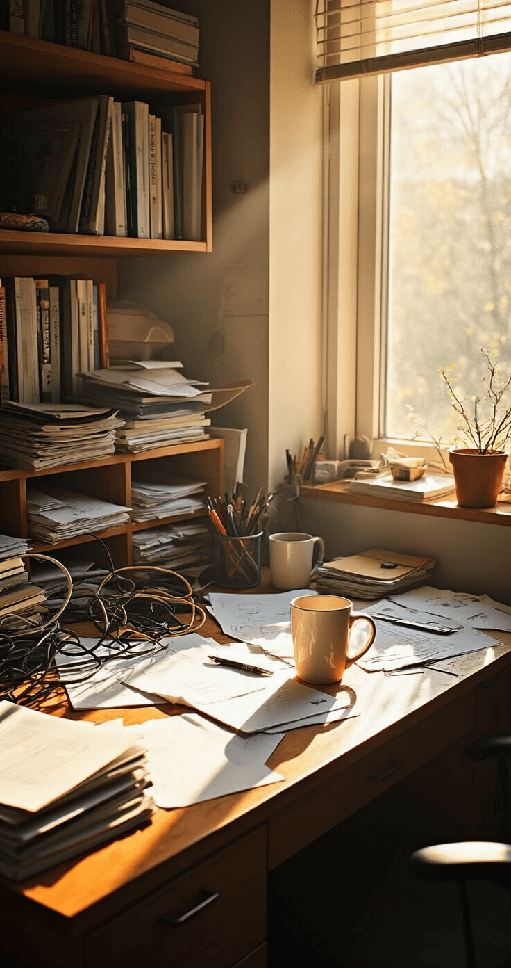 A cluttered study desk filled with scattered papers, tangled cables, and an old coffee mug under harsh overhead lighting, creating shadows, while warm afternoon light filters through the window, contrasting the disorganized supplies overflowing from drawers, conveying a frustrating and overwhelming workspace.