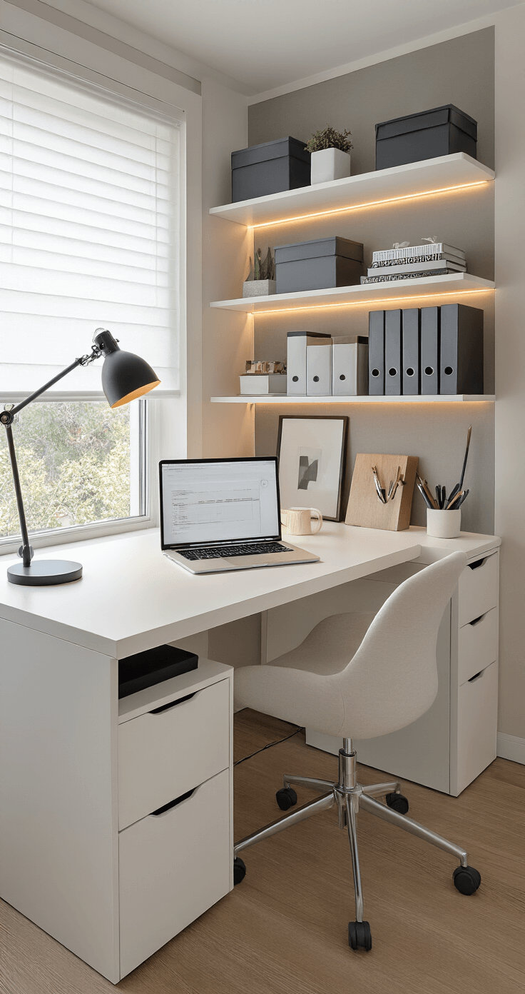 A modern study desk featuring compartmentalized organizers, vertical file holders, and sleek cable management, with a left-side LED desk lamp providing warm 3000K lighting. The clean white surface and ergonomic setup are complemented by natural window light, captured from a slight overhead angle, conveying an atmosphere of organized functional efficiency.