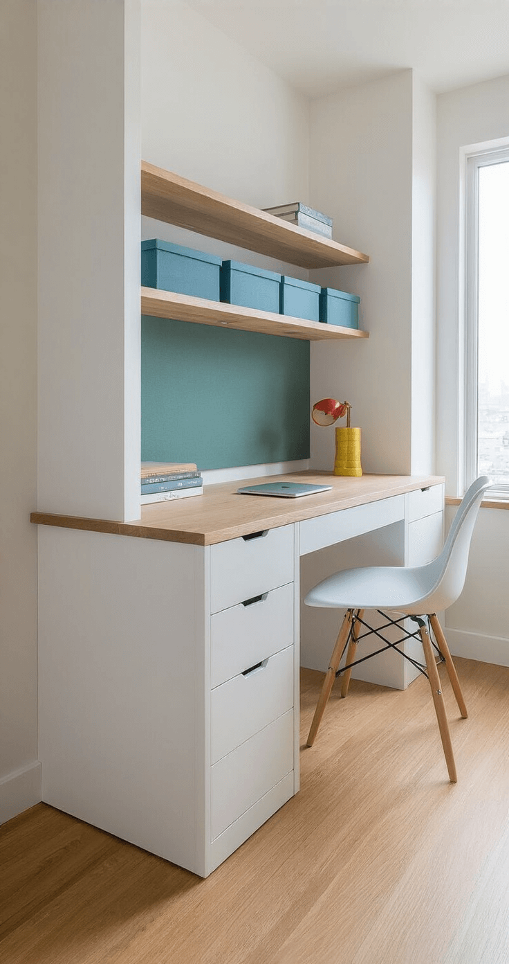 A serene study desk with a white base and sage green accents, featuring natural wood elements and blue organizational items, illuminated by soft natural light. The minimal use of red and yellow contributes to a calm, focused atmosphere.