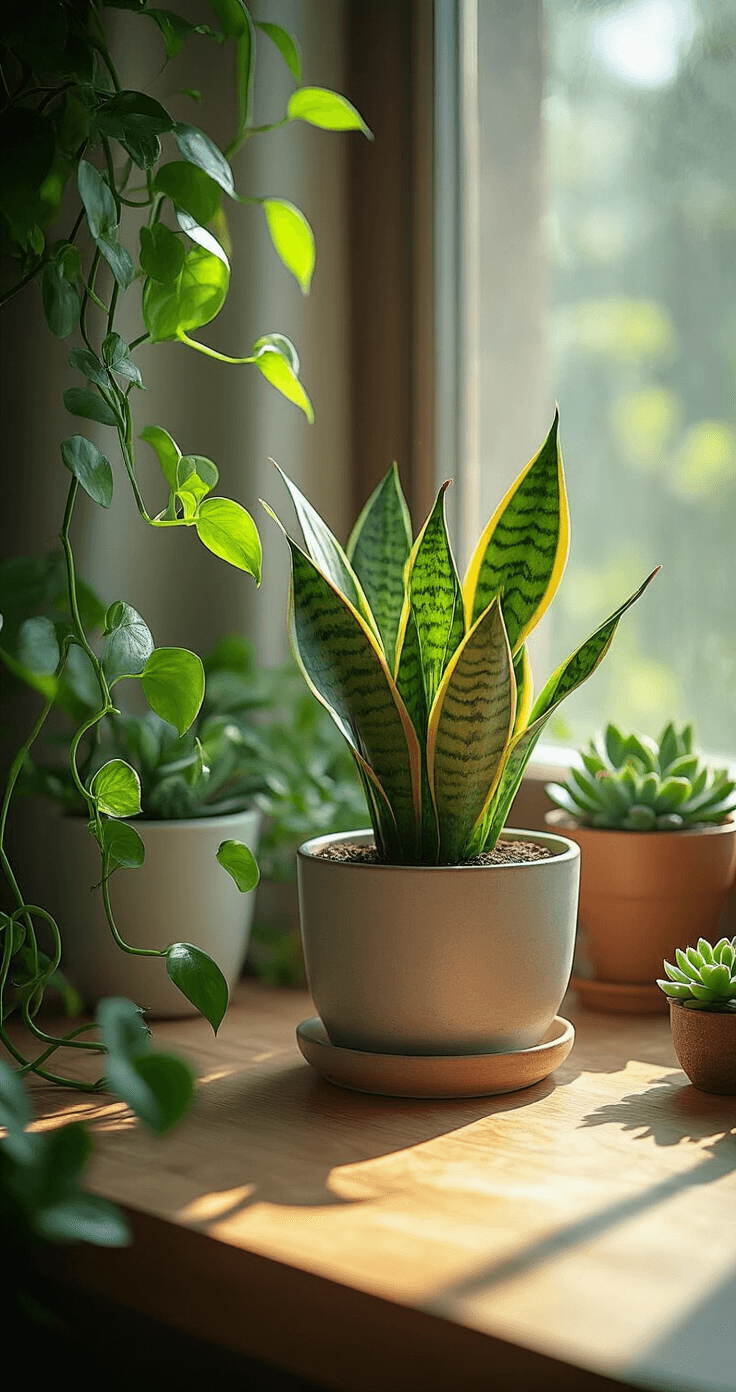 Close-up of a serene desk corner featuring a small snake plant in a ceramic pot, trailing pothos, and clustered tiny succulents, illuminated by soft morning light filtering through a window, creating a calming biophilic workspace.