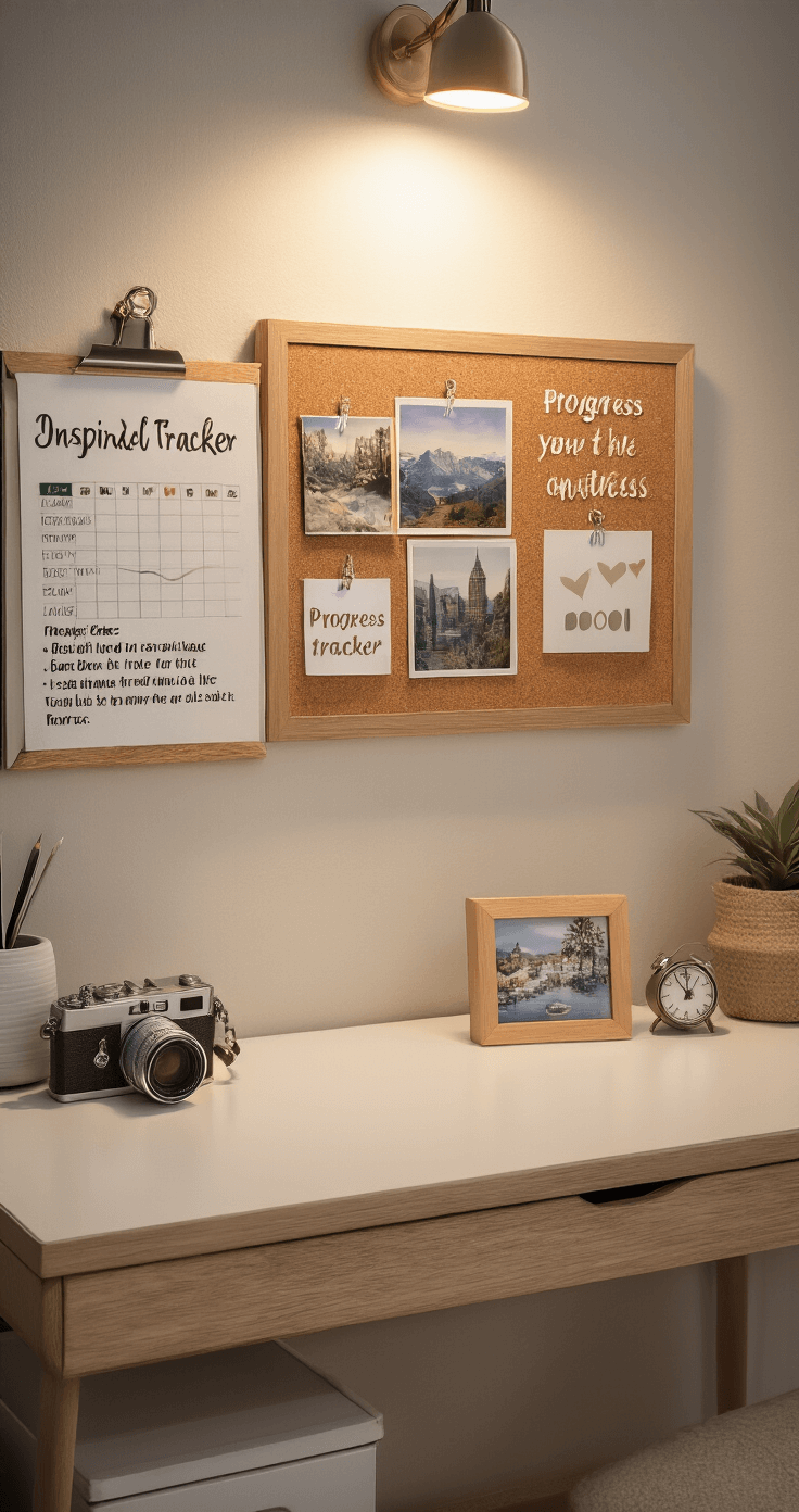 A detailed shot of a personalized desk featuring a small cork board with goal photos, inspirational quotes, and a progress tracker, alongside a tiny framed vacation photo, all illuminated by warm task lighting, creating a motivational atmosphere.