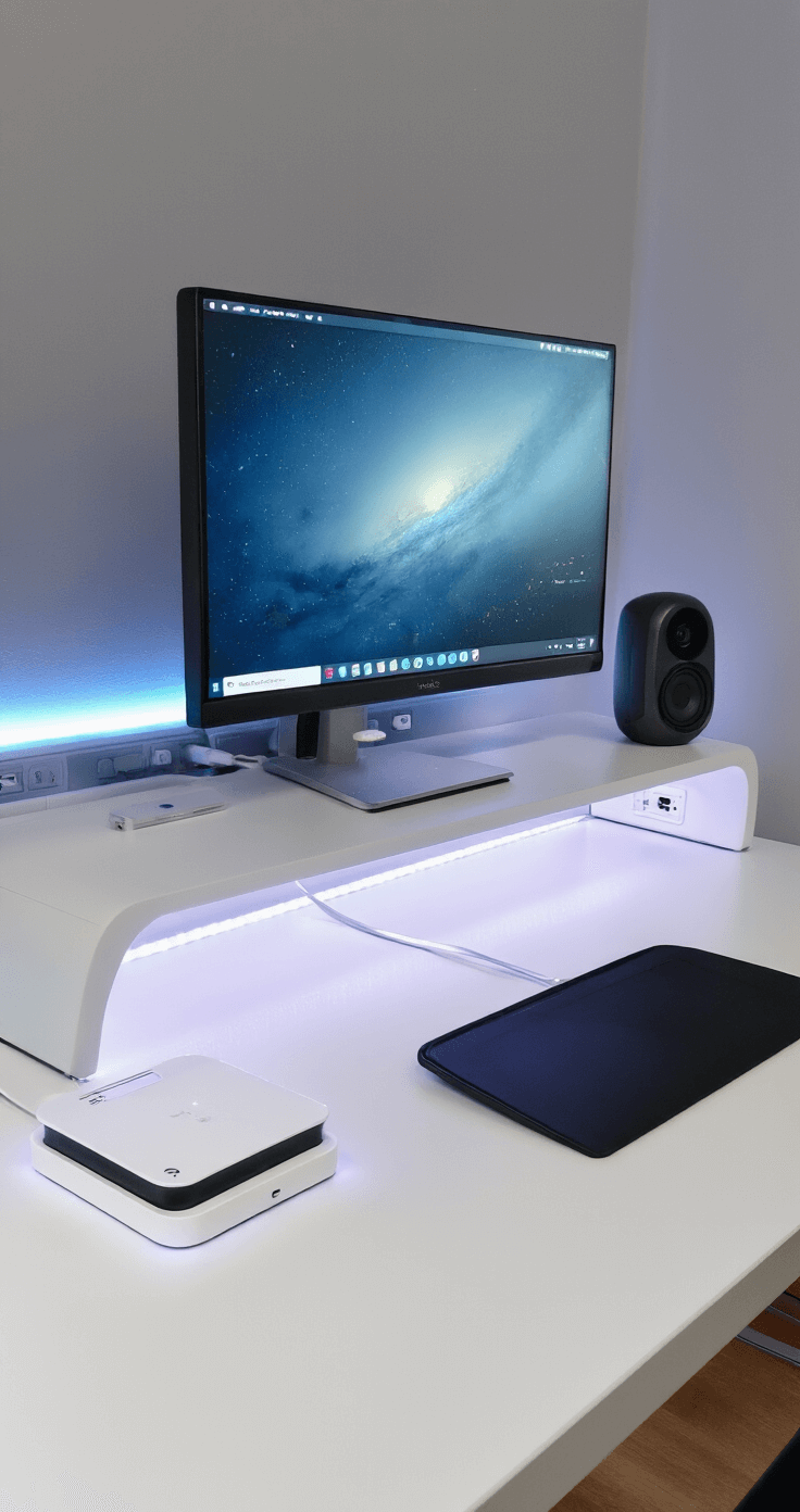 A modern tech-integrated desk featuring a wireless charging station, hidden cable management, and a Bluetooth speaker, with concealed power strips behind the monitor. LED strips provide ambient backlighting in a streamlined, clutter-free workspace.