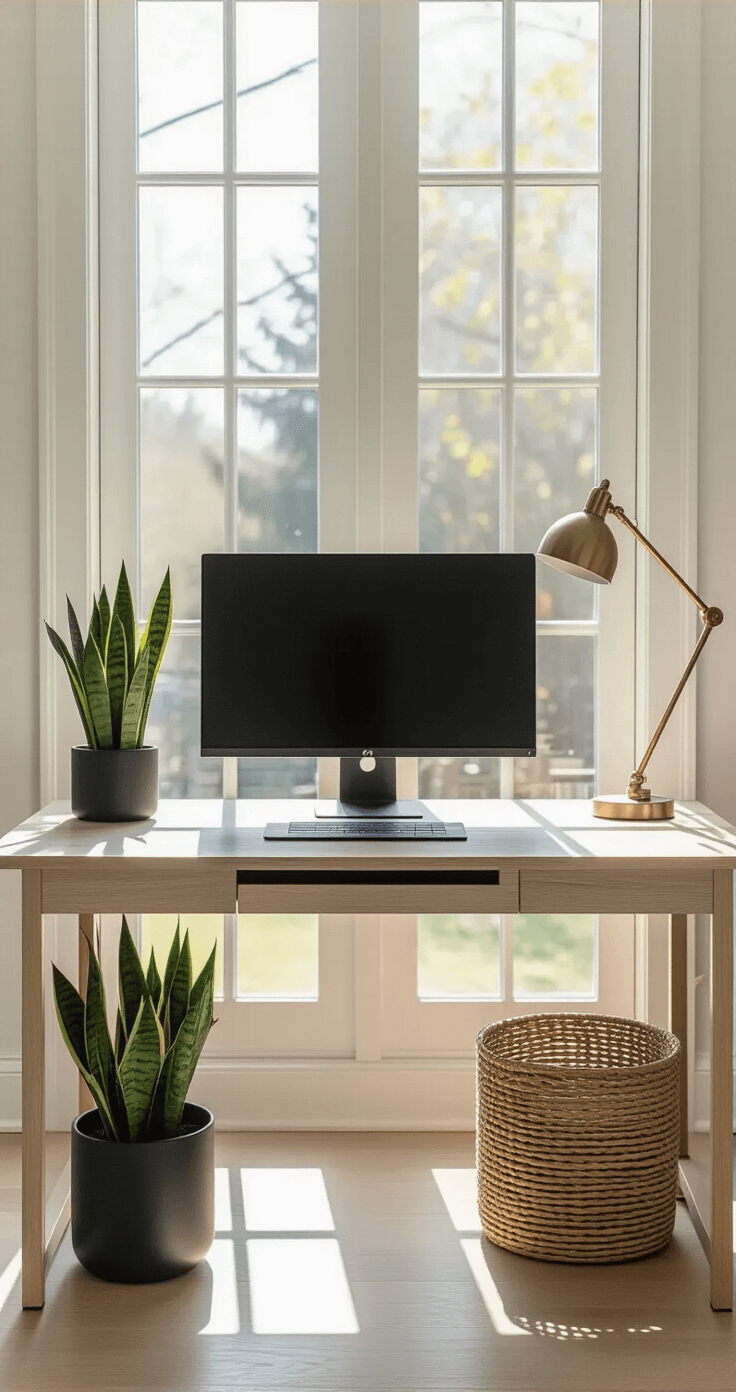 A modern minimalist home office featuring a white oak desk off-center with a sleek black monitor on a brushed steel stand, a single snake plant in a matte black ceramic planter, and an adjustable brass desk lamp. The room is illuminated by soft morning light from floor-to-ceiling windows, showcasing a color palette of whites, warm grays, and natural wood, with a woven basket for storage and cable management hidden underneath. The image is captured from a 45-degree angle with a shallow depth of field focusing on the desk surface.