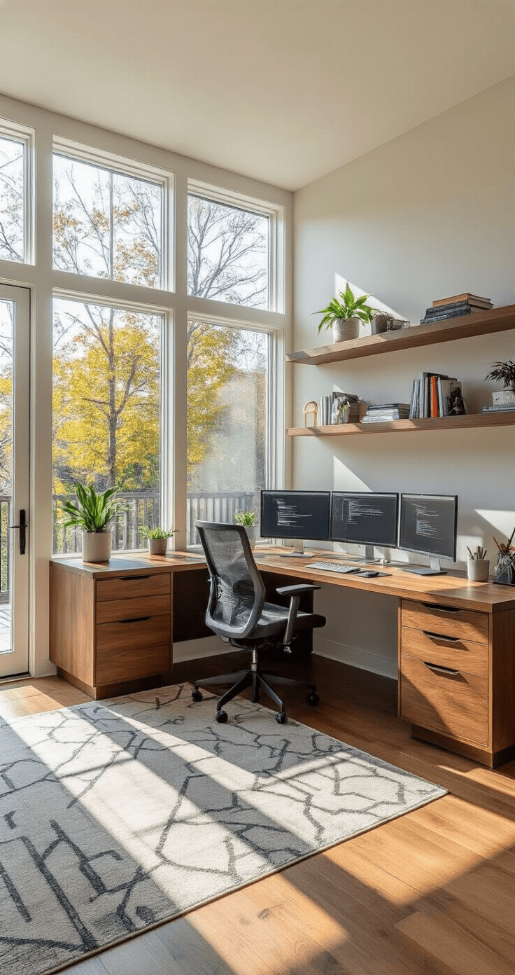 Wide-angle view of a modern home office featuring floor-to-ceiling windows, a walnut L-shaped desk with dual monitors, an ergonomic mesh chair, and built-in shelving with books and plants, all illuminated by natural morning light.