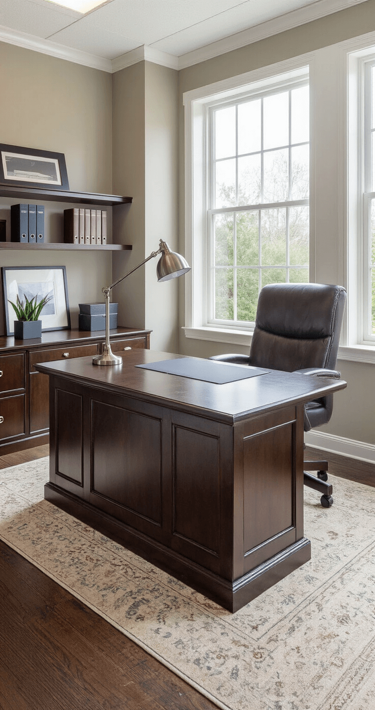 Executive office suite featuring a dark walnut desk with a leather desk pad, built-in shelving, desk organizers, and a small ZZ plant in a charcoal planter, all under natural light from large windows. The scene is set with a navy and charcoal color palette, complemented by brushed nickel task lighting.