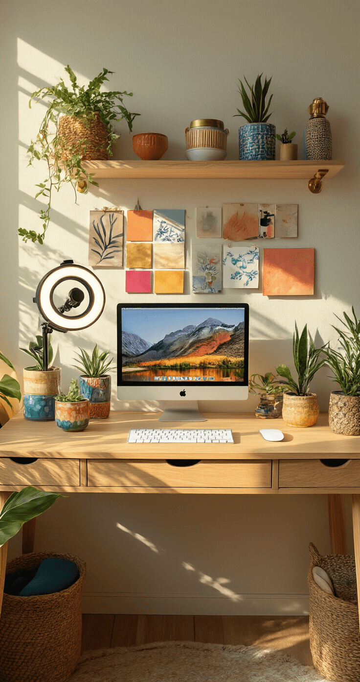 A creatively styled workspace in a converted bedroom, featuring a light wood desk adorned with small plants, colorful ceramic containers, and an inspiring mood board. The scene is illuminated by warm golden hour lighting, highlighting a gallery wall and a mix of vintage brass accessories with modern elements in jewel tones and warm metallics. An adjustable monitor arm and ring light are set up for video calls, captured from an overhead perspective that showcases organized chaos.