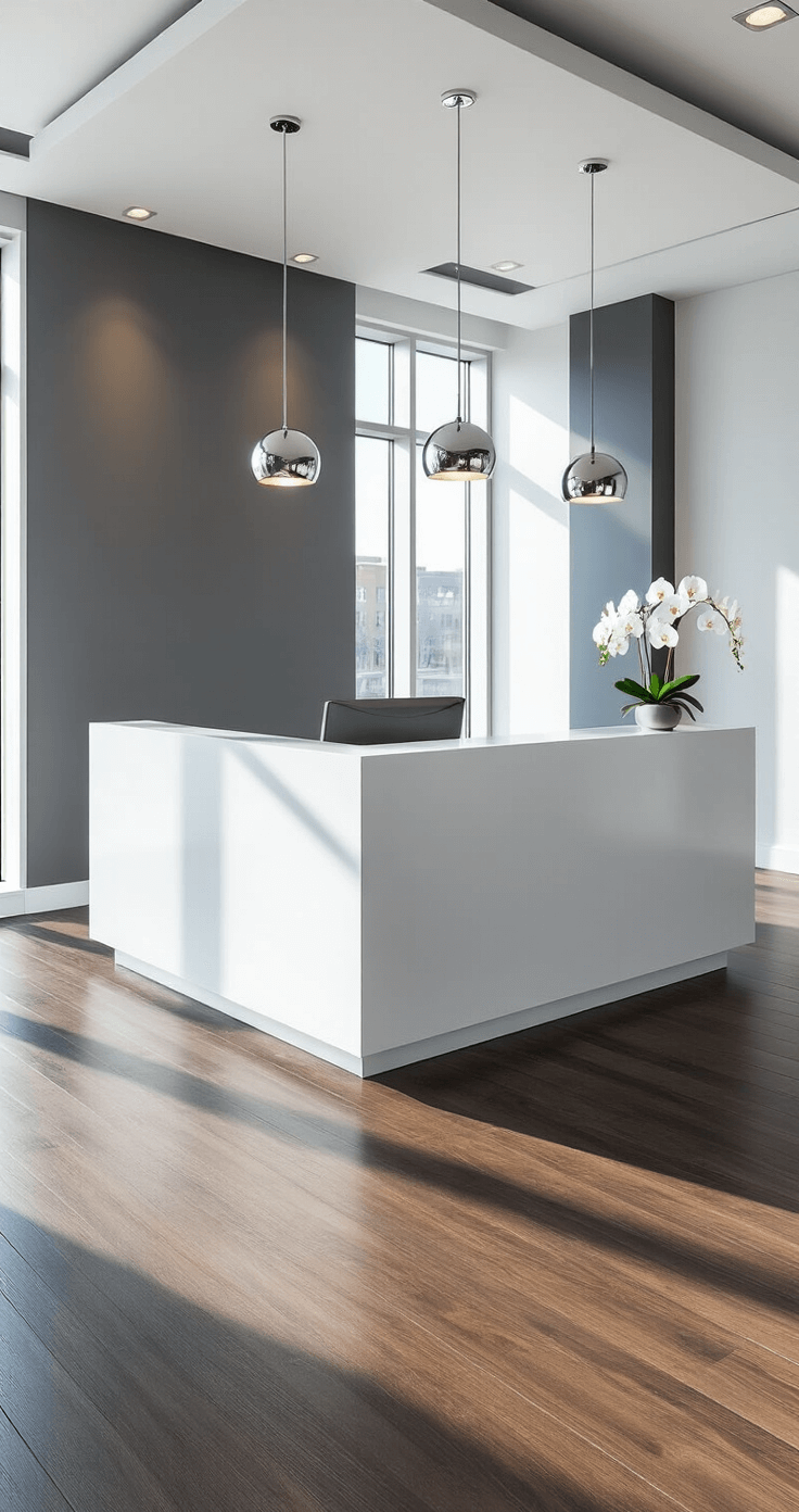 Transform Your Entrance: How Reception Desk Design Creates Unforgettable First Impressions Photorealistic modern minimalist office reception area featuring a sleek white floating desk, dove gray accent wall, and natural light from floor-to-ceiling windows, with dark walnut flooring and chrome pendant lighting.