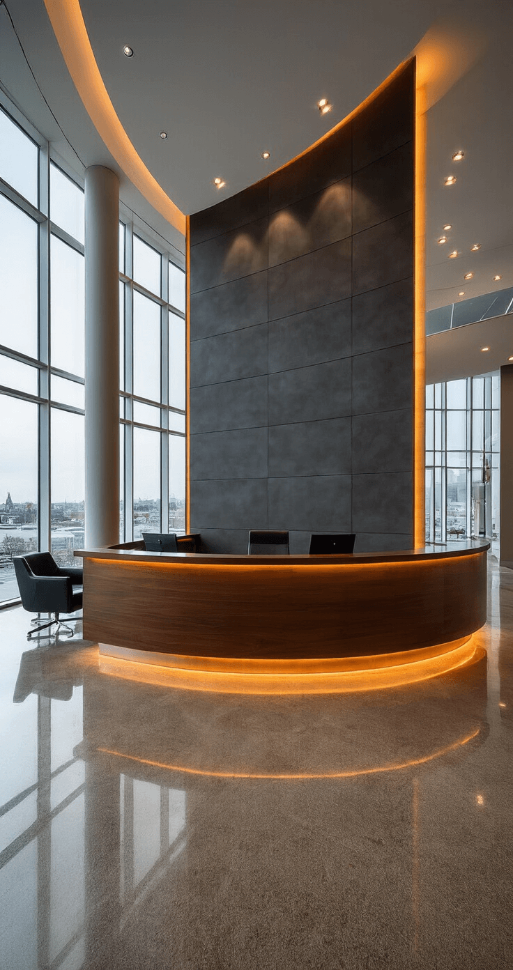 Transform Your Entrance: How Reception Desk Design Creates Unforgettable First Impressions A sophisticated curved reception desk made of rich walnut wood with LED backlighting in a contemporary office lobby featuring polished concrete floors, a textured charcoal accent wall, and asymmetrical black leather seating, all illuminated by warm amber lighting and dramatic shadows from integrated ceiling spots.