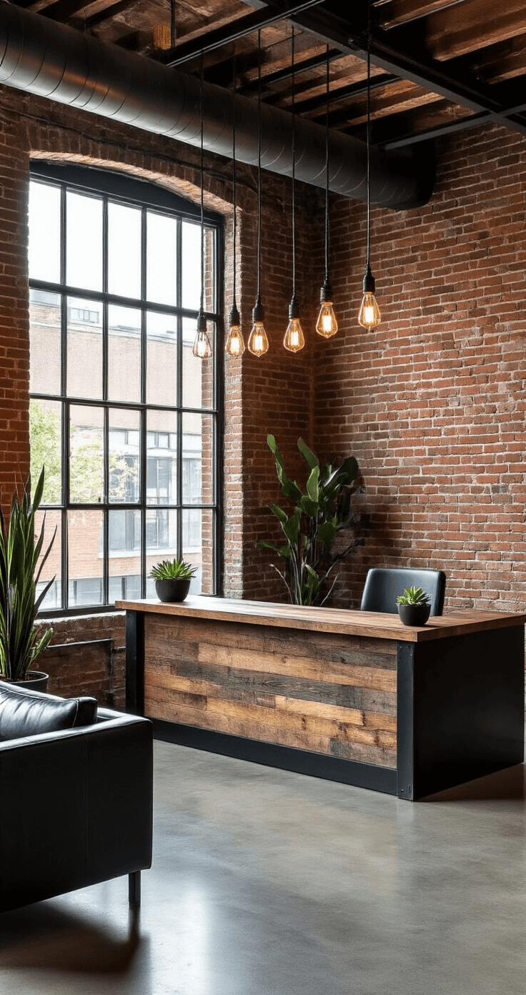 Transform Your Entrance: How Reception Desk Design Creates Unforgettable First Impressions Industrial chic reception area with exposed brick walls, a central reception desk of reclaimed oak and blackened steel, polished concrete floors, dark leather seating, and vintage brass accents, illuminated by natural light and Edison bulbs.