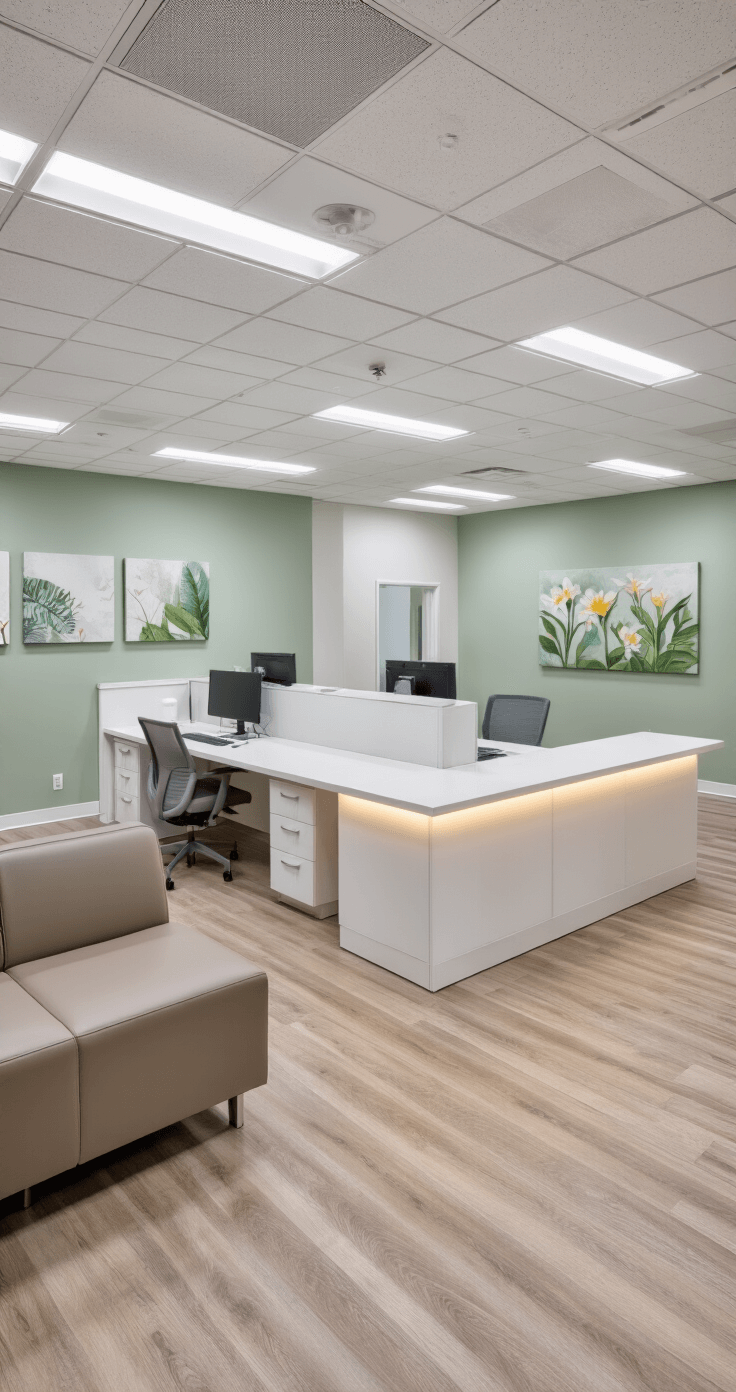 Transform Your Entrance: How Reception Desk Design Creates Unforgettable First Impressions Spacious healthcare reception area with a white laminate L-shaped desk, soft sage green accent wall, light oak luxury vinyl flooring, and ergonomic work zones featuring charging stations. Includes a comfortable taupe seating area with wellness-themed artwork, balanced bright clinical lighting and warm accent illumination, showcasing an efficient workflow design.