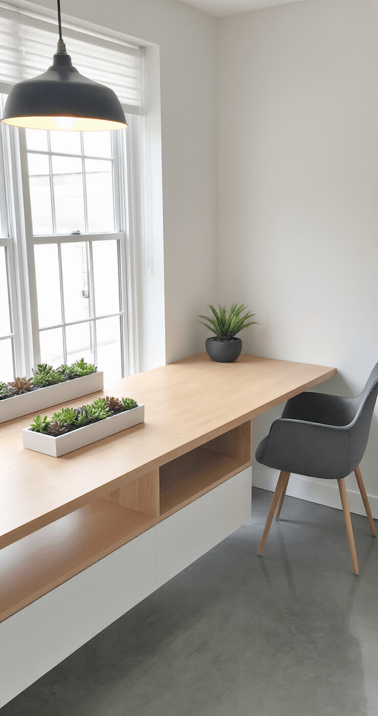 Transform Your Entrance: How Reception Desk Design Creates Unforgettable First Impressions Compact office reception in an 8x10 foot space featuring a light maple floating desk against white walls, gray concrete floors, and a pendant light. Minimalist wall storage, a succulent garden on the counter, and a single modern chair are included, with abundant natural light from a window.