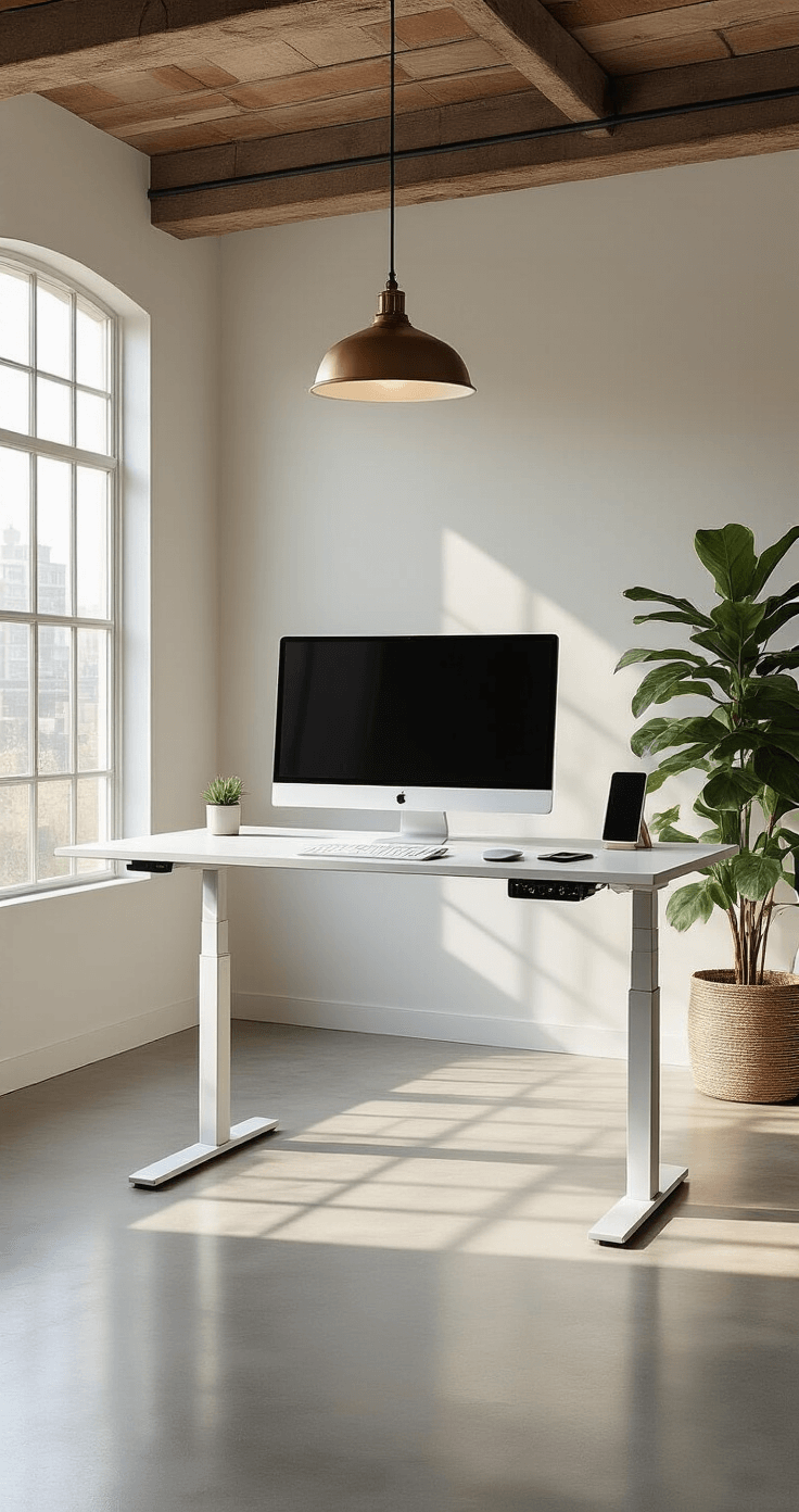 Mid-angle view of a contemporary standing desk setup in a 10x12 room with industrial exposed beams, featuring an electric height-adjustable white desk, minimal tech accessories, and polished concrete floors. Afternoon light streams through a large window, illuminating the space with soft shadows, while a large philodendron in the corner adds a touch of greenery to the neutral palette of whites, warm grays, and brass accents.