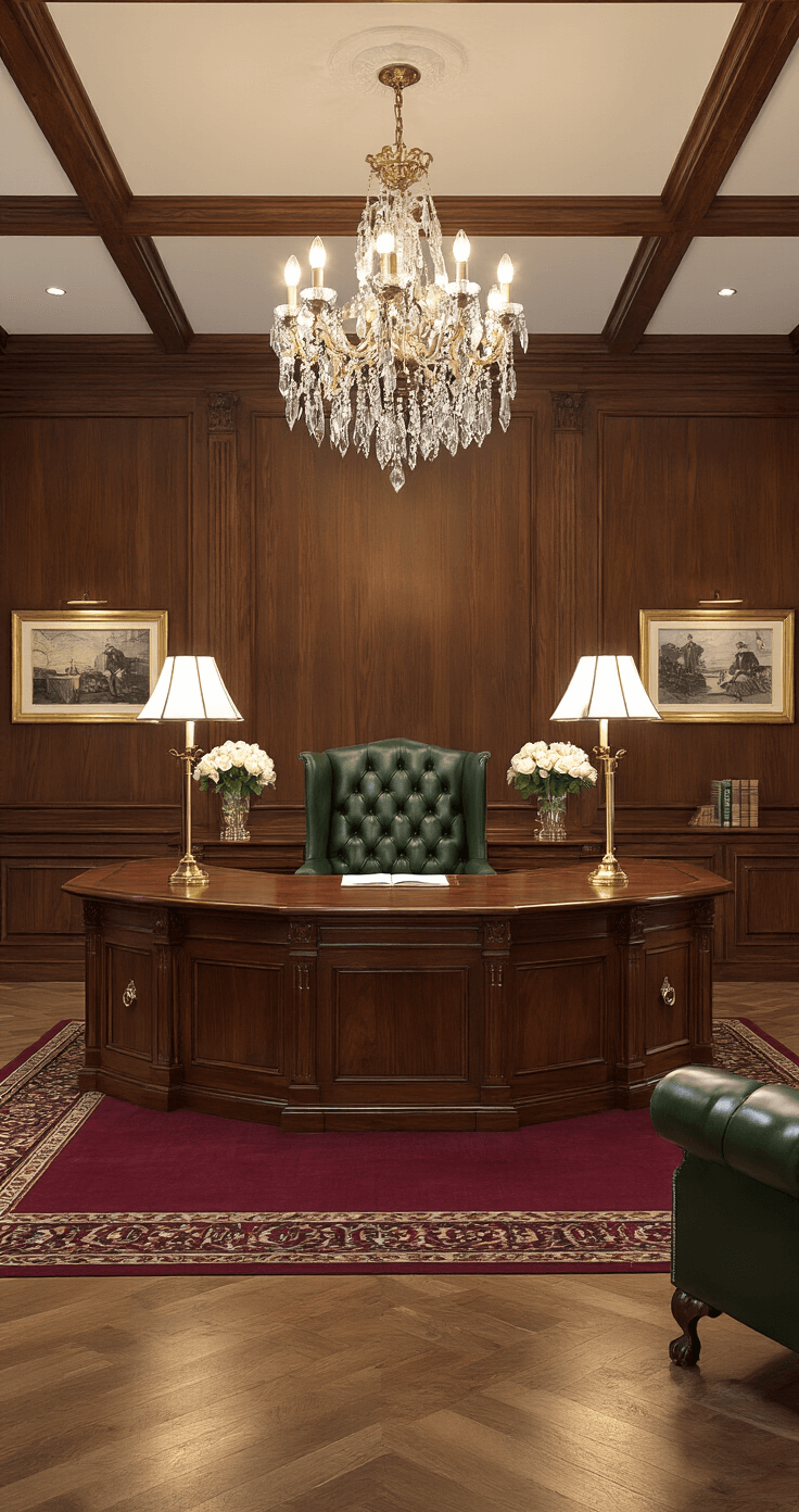 Transform Your Entrance: How Reception Desk Design Creates Unforgettable First Impressions Luxurious law firm reception with a wooden U-shaped desk, coffered ceiling, mahogany desk with brass hardware, burgundy rug, dark green Chesterfield seating, gold-framed artwork, and a crystal chandelier, conveying an elegant and prestigious atmosphere.