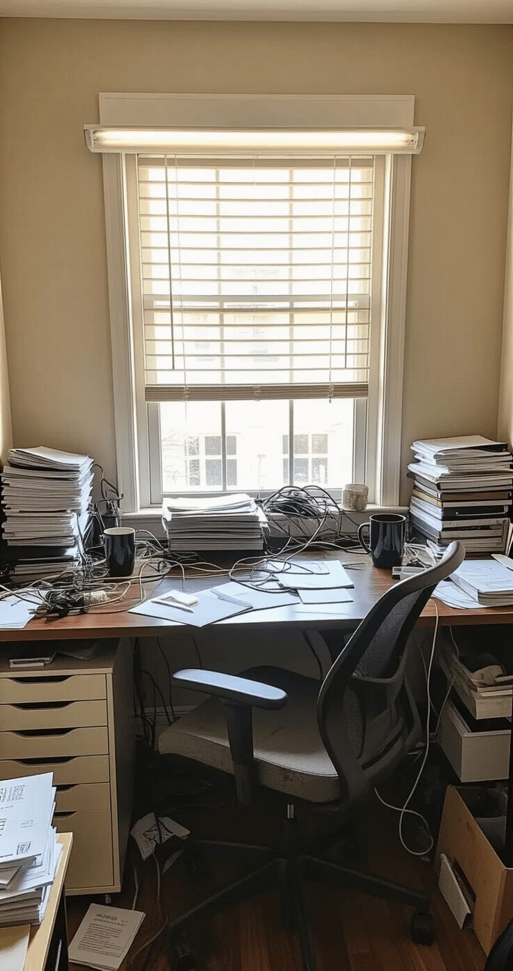 A cramped home office with a wobbly IKEA desk cluttered with scattered papers, tangled phone chargers, and coffee mug rings, harsh fluorescent lighting creating shadows, and late afternoon natural light filtering through a small window, captured in a documentary style.