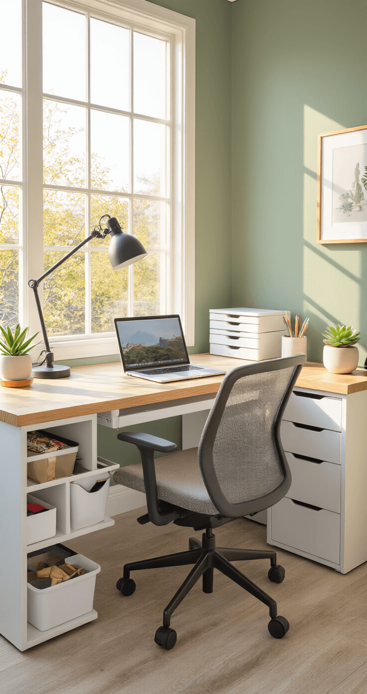 A well-organized compact writing desk in a 40 sq ft office bathed in golden hour light, featuring built-in white storage compartments, a natural wood desktop, an ergonomic chair, a succulent plant, and a framed photo, all set against a sage green accent wall with hidden cables.