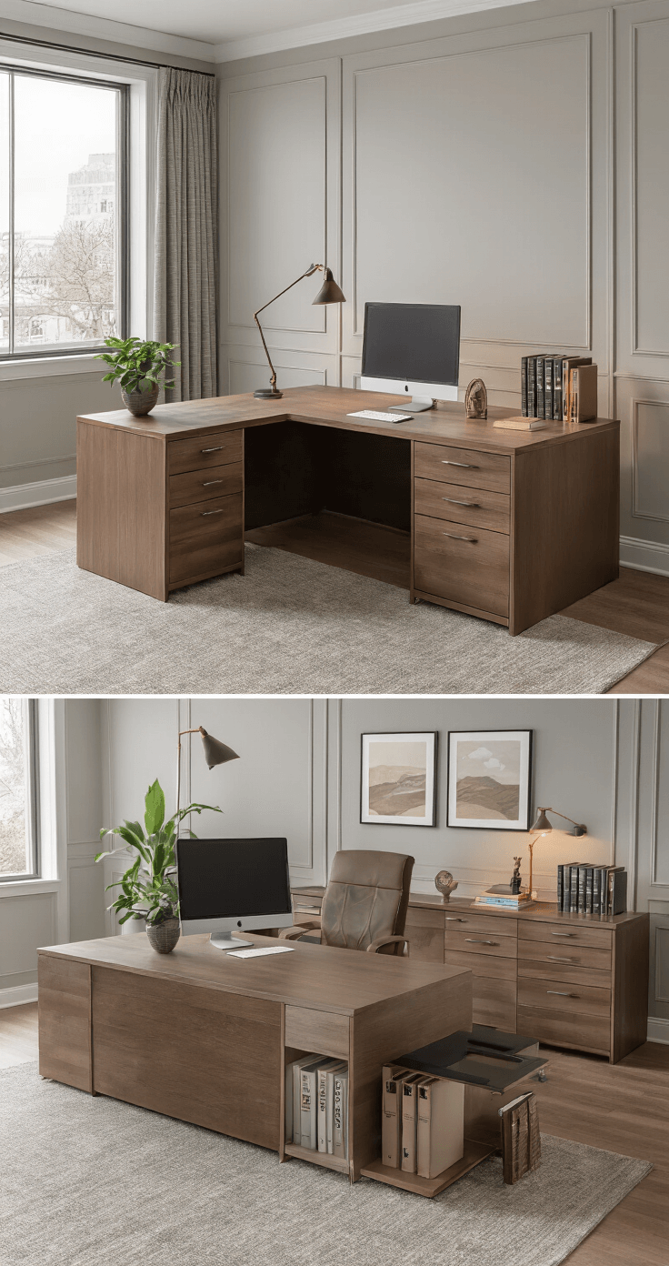 Elegant L-shaped executive desk in a spacious office featuring three productivity zones: a primary work area with a monitor at eye level, a storage zone with file holders and organizers, and a personal zone with books and meaningful objects, set in a warm white and natural wood color palette, illuminated by a quality LED lamp and ambient light, against soft gray walls, captured from a 45-degree angle.
