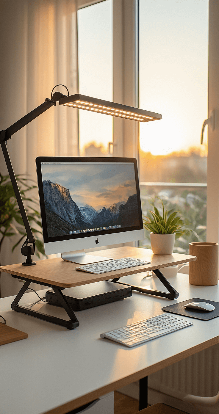 Modern workspace featuring a standing desk converter with optimal lighting, including task and ambient illumination, a seamless wireless charging station, hidden cable management, and a clean white desktop with wood accents, captured at eye-level during golden hour.