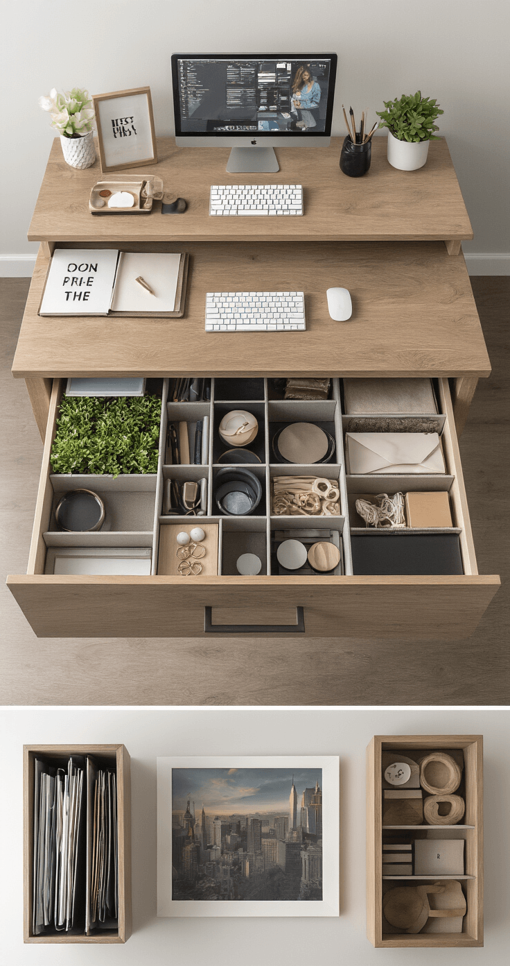 A well-organized desk featuring three functional zones with desktop organizers, drawer dividers, vertical file holders, and a cable management tray, complemented by a plant and a framed photo, captured from an overhead angle in natural light.