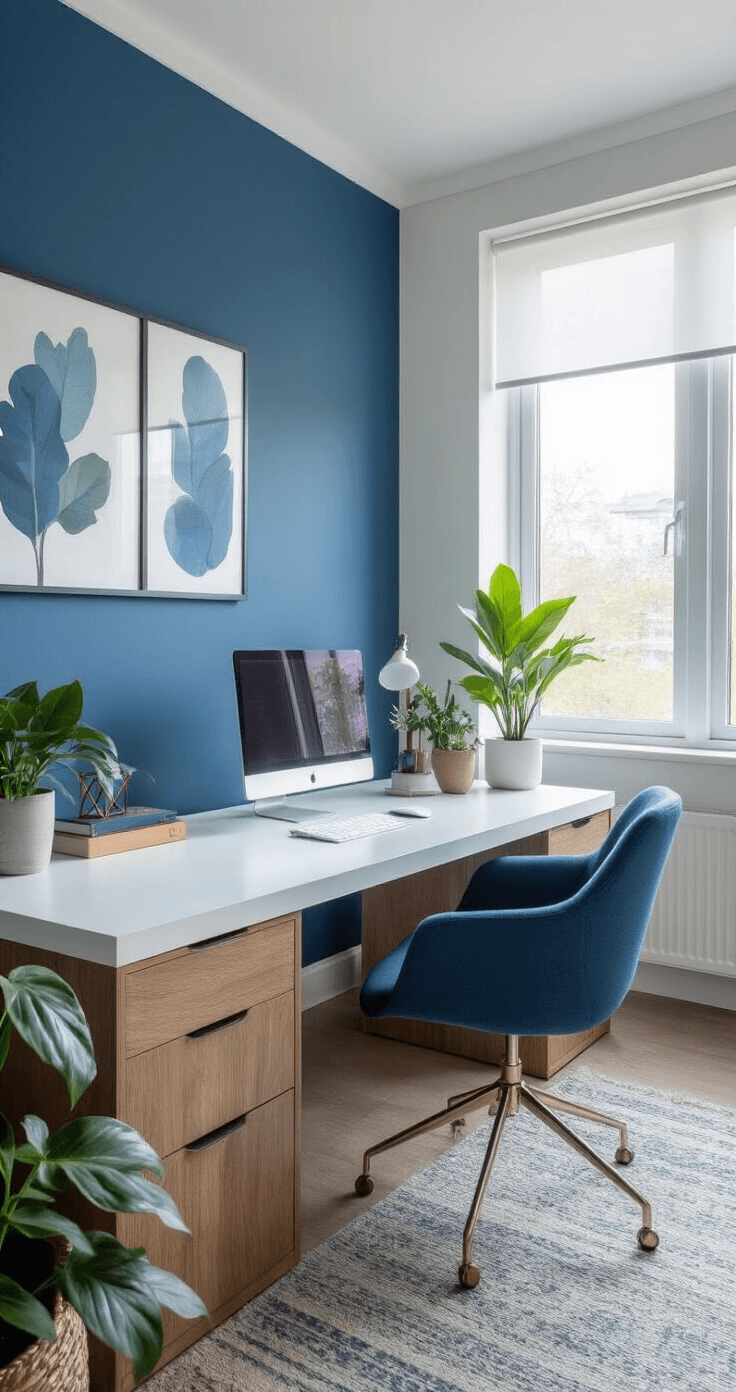 A sophisticated workspace highlighting color psychology, featuring bold blue accents, warm white surfaces, natural wood tones, soft gray and white elements, a sage green plant, and muted earth tones, all coordinated and illuminated by natural window light on an overcast day.