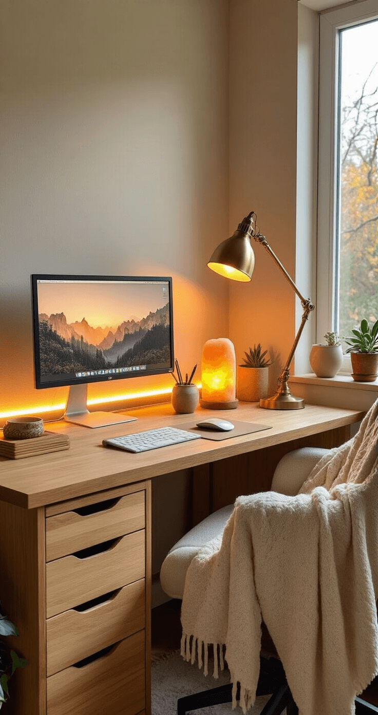 Cozy home office corner with warm LED lighting, adjustable brass desk lamp, and a salt lamp creating an inviting glow. Features a natural wood desk with bamboo organizers, a ceramic pen holder, and a small succulent, alongside a soft cream throw on an ergonomic chair. Captured at a 45-degree angle during golden hour, enhancing the intimate ambiance.