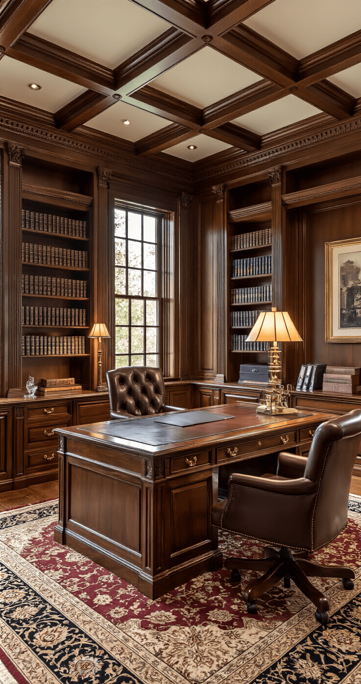 Spacious executive home office with coffered ceiling, solid oak desk on Persian rug, leather client chairs, and built-in mahogany bookshelves, featuring a rich burgundy and forest green color scheme with gold accents, illuminated by a banker's lamp during golden hour.