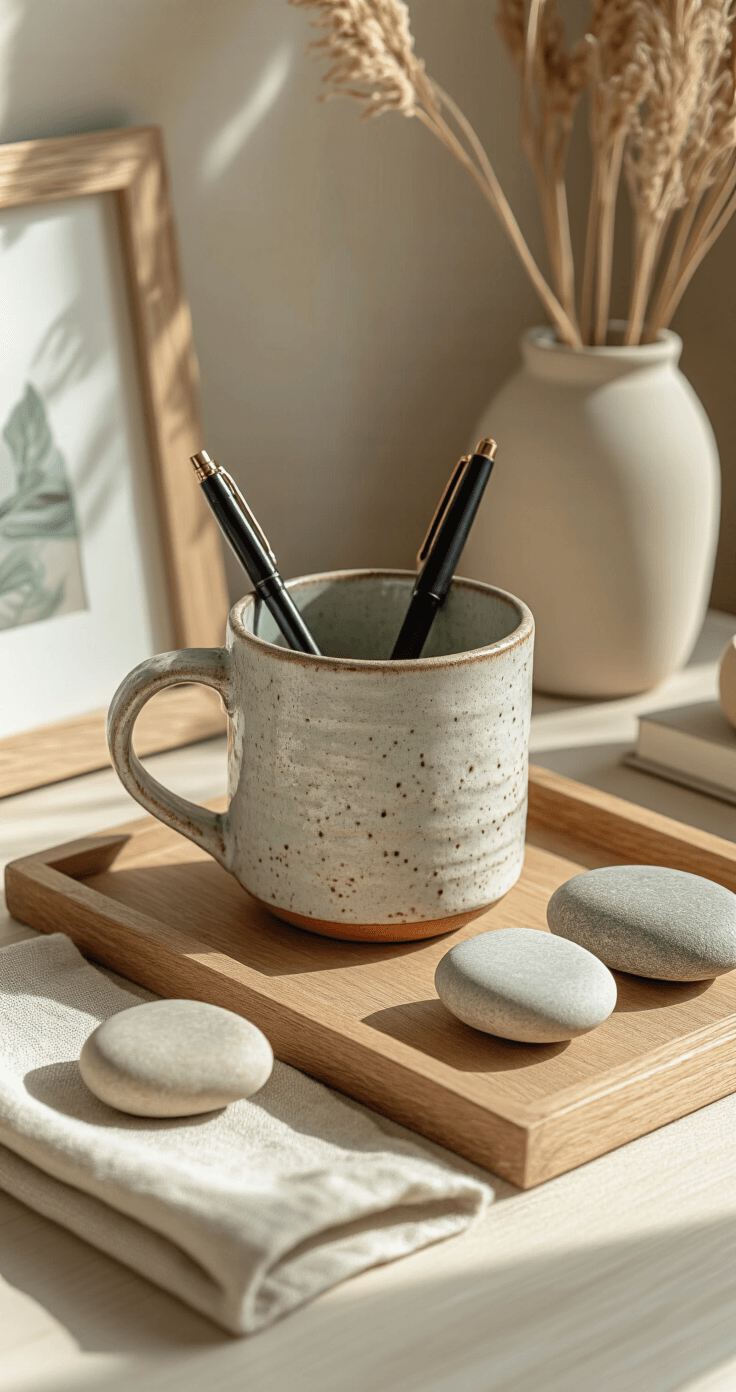 Close-up of a desk surface featuring a handmade ceramic mug with pens, a wooden picture frame, a linen tray containing daily essentials, and a smooth beach stone, all in warm neutral colors of cream, sage green, and terracotta, illuminated by soft directional lighting that highlights the textures and organic elements.