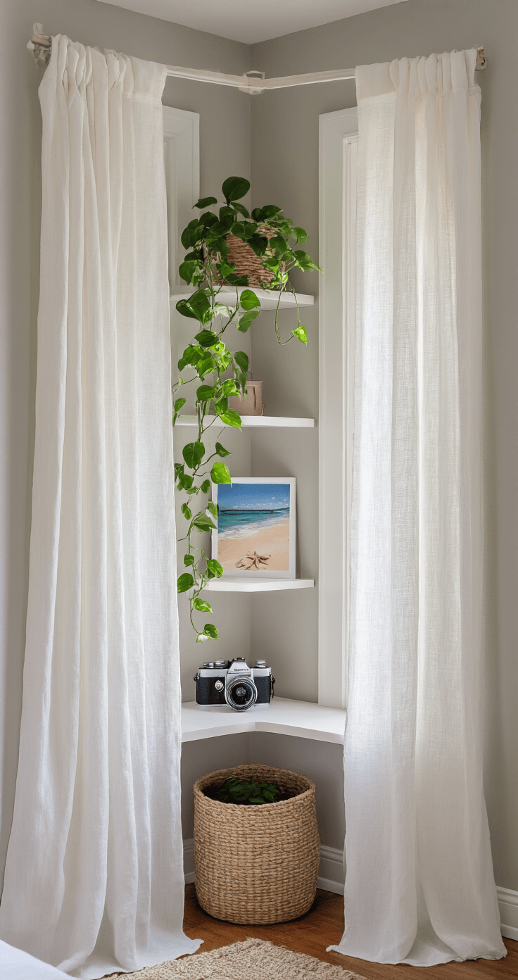 Intimate workspace corner with white linen curtains, a floating mood shelf displaying a vintage camera and beach photo, and a trailing pothos vine, set against warm gray walls and cream accents with dusty pink touches; natural light filters through the sheer fabric, enhancing the cozy atmosphere.