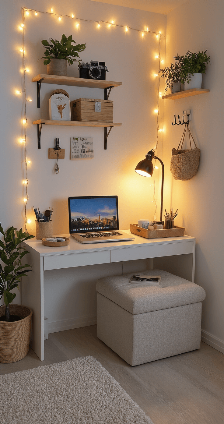 Micro home office in a studio apartment corner featuring wall-mounted shelves, hanging organizers, string lights, a multi-purpose storage ottoman, and a small warm desk lamp, all creating a cozy, intimate workspace ambiance.