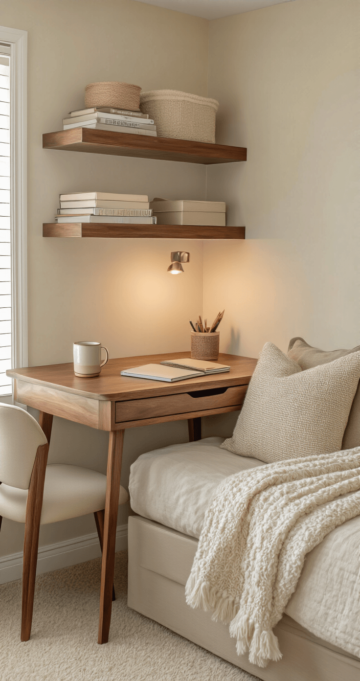 Cozy corner workspace in a small bedroom featuring a compact walnut desk with organized drawer storage, floating shelves, and a desk hutch filled with supplies, accented by soft morning light and a neutral beige and cream color palette, with a ceramic coffee mug, scattered notebooks, and a textured throw pillow on a nearby chair.