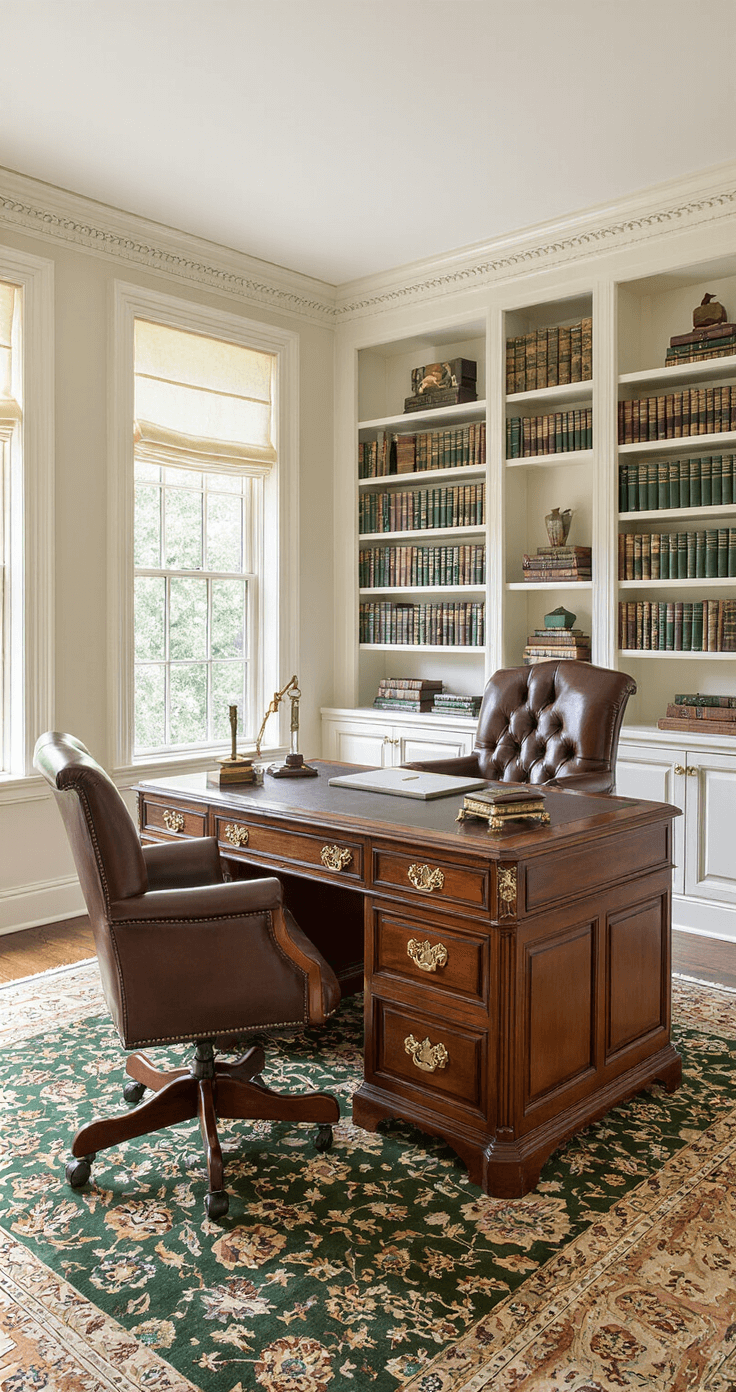 Spacious home office featuring a mahogany executive desk, leather chair, and vintage accessories, illuminated by natural light, with built-in bookshelves, a Persian rug, and elegant moldings, showcasing a grand and sophisticated ambiance.