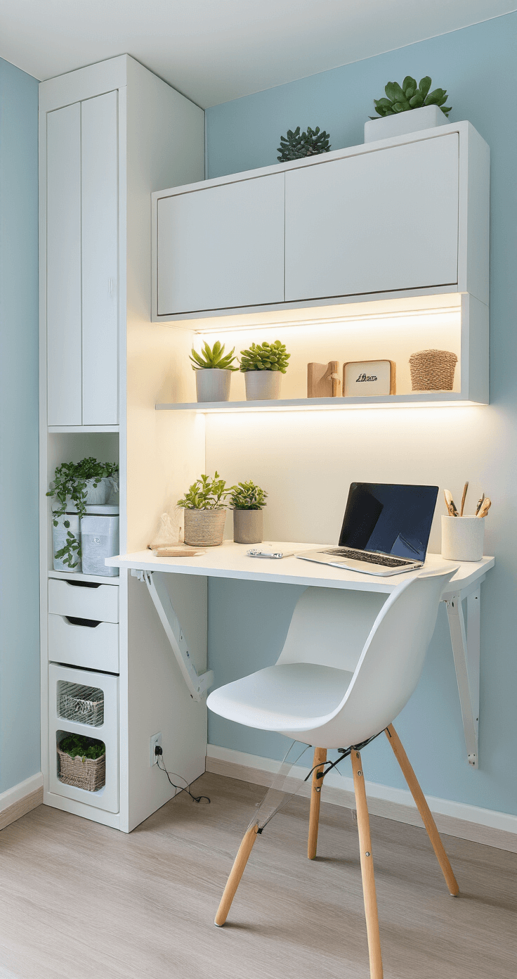 A small studio apartment workspace featuring a wall-mounted fold-down desk in white laminate, complemented by vertical storage solutions and bright LED task lighting. The Scandinavian design aesthetic is evident in the pale blue and white color scheme, with compact organization containers and succulent plants. A modern laptop setup is neatly arranged, captured from a seated eye-level perspective to highlight space efficiency and clean lines.
