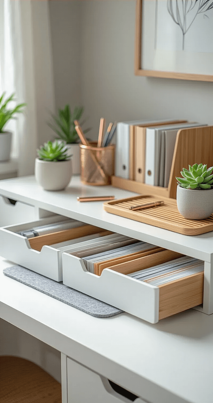 Close-up angled shot of a modern white desk with organized supplies, color-coded file folders, bamboo organizers, and a small succulent, all styled in muted Scandinavian colors under natural morning light.