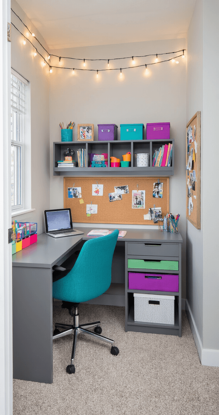A teenager's study area featuring a corner L-shaped gray desk with colorful organizational supplies, a desk hutch with cubbies, string lights above, and a corkboard adorned with photos and notes. An ergonomic task chair in teal complements the purple and gray accents of the room, illuminated by afternoon light streaming through the window, all neatly integrated with the bedroom decor.