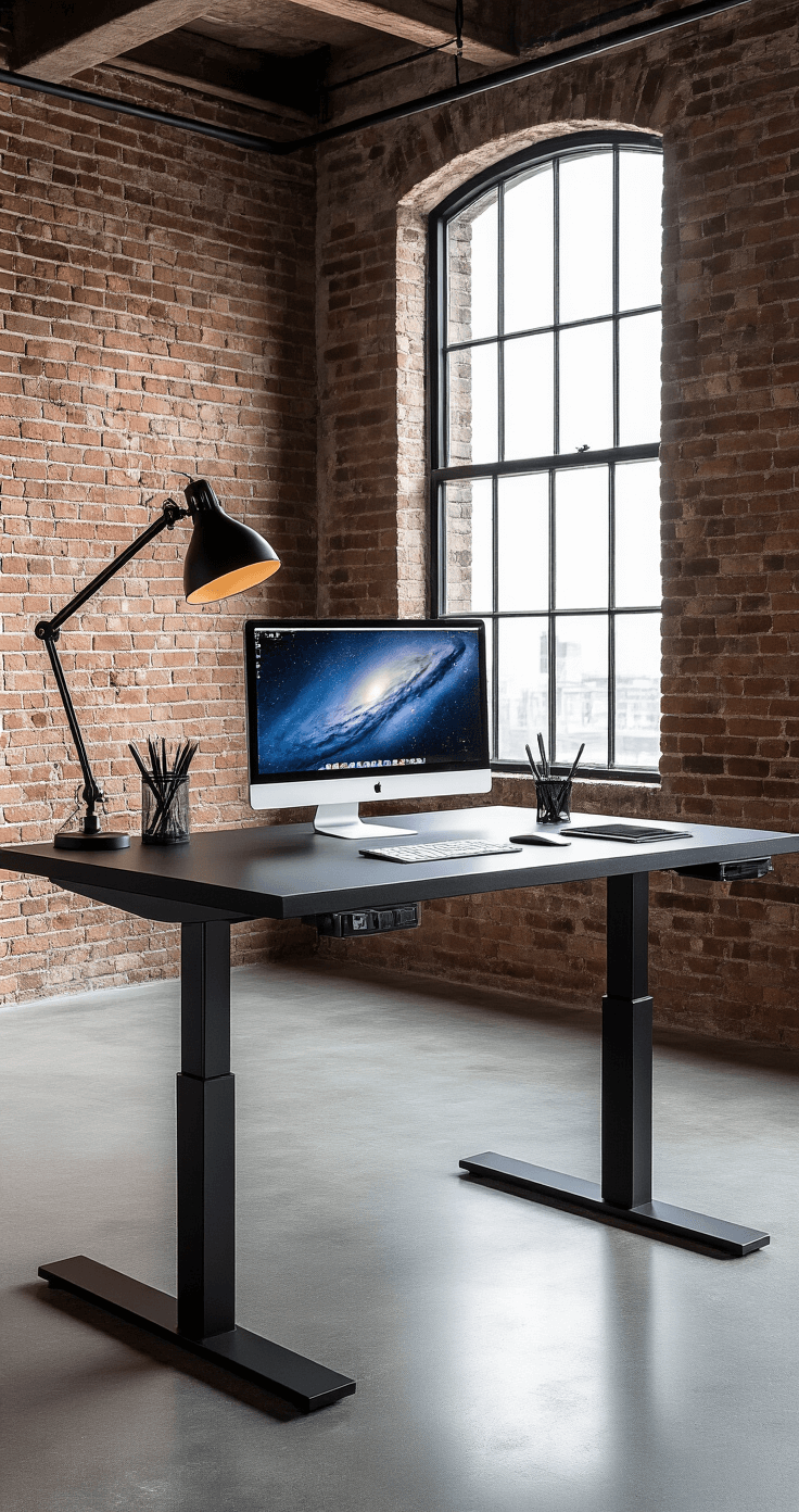 Modern home office featuring a sleek metal and glass desk with adjustable height legs, surrounded by exposed brick walls and concrete floors, equipped with high-tech monitors and geometric desk accessories, all in a minimalist black and white color palette, illuminated by dramatic directional lighting.