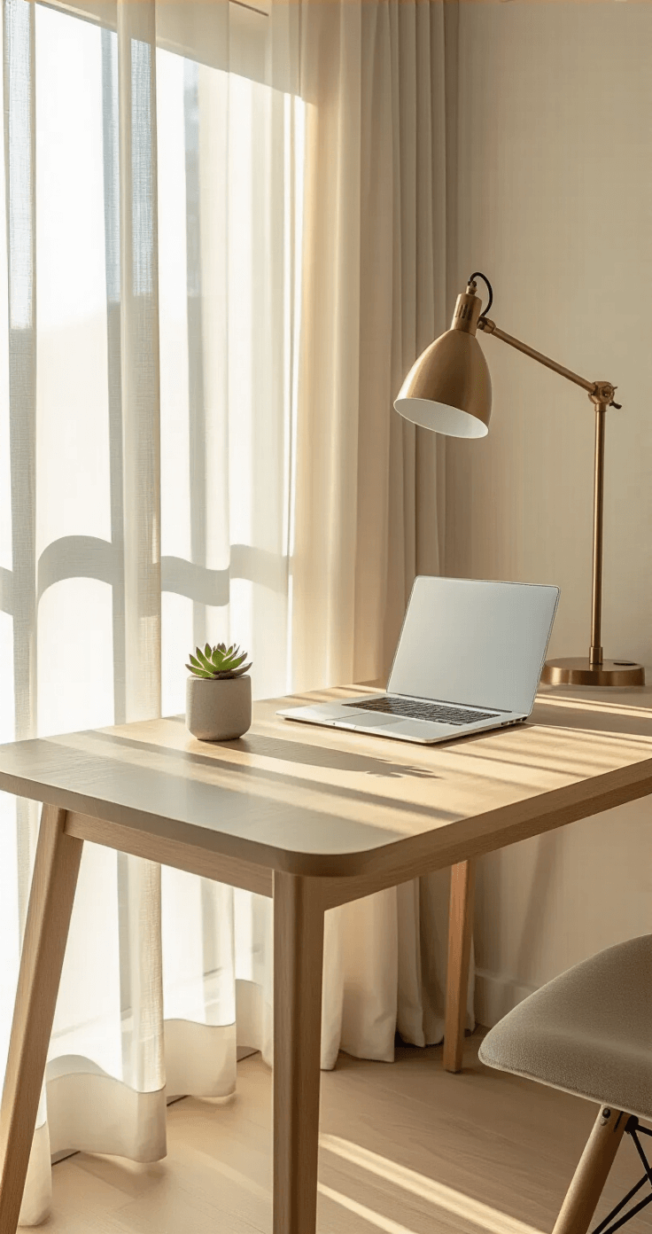 Wide-angle shot of a minimalist home office with a white oak desk near floor-to-ceiling windows, illuminated by golden hour sunlight filtering through sheer linen curtains. An open silver laptop is positioned ergonomically alongside a white ceramic pen holder and a small succulent in a concrete planter, with a warm color palette of whites, wood tones, and a sage green accent. A modern adjustable brass desk lamp adds task lighting, creating a calm and productive atmosphere.