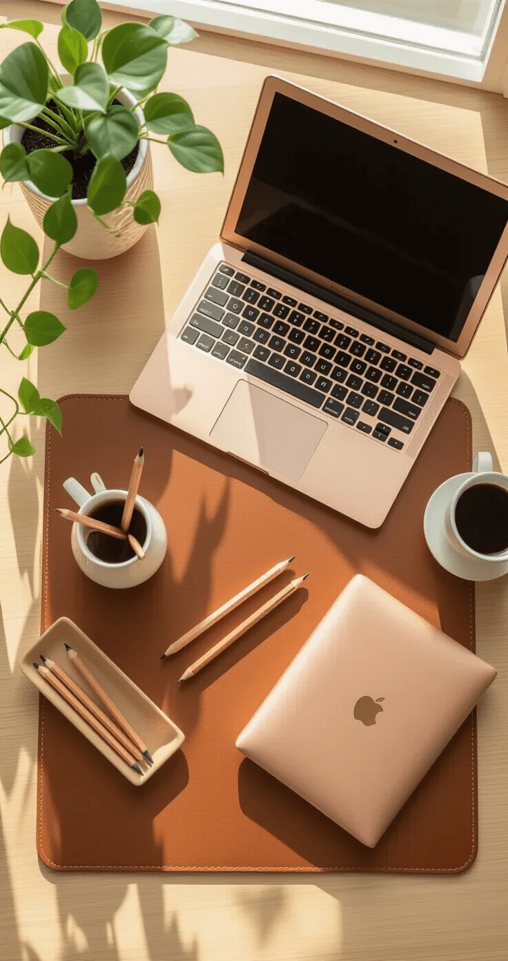 Overhead view of a neatly arranged desk with a cognac brown leather mat, rose gold laptop, wooden pencil holder, and a trailing pothos plant in a white pot, illuminated by bright morning light, with a warm coffee cup in the upper right corner and 60% of the surface left clear.