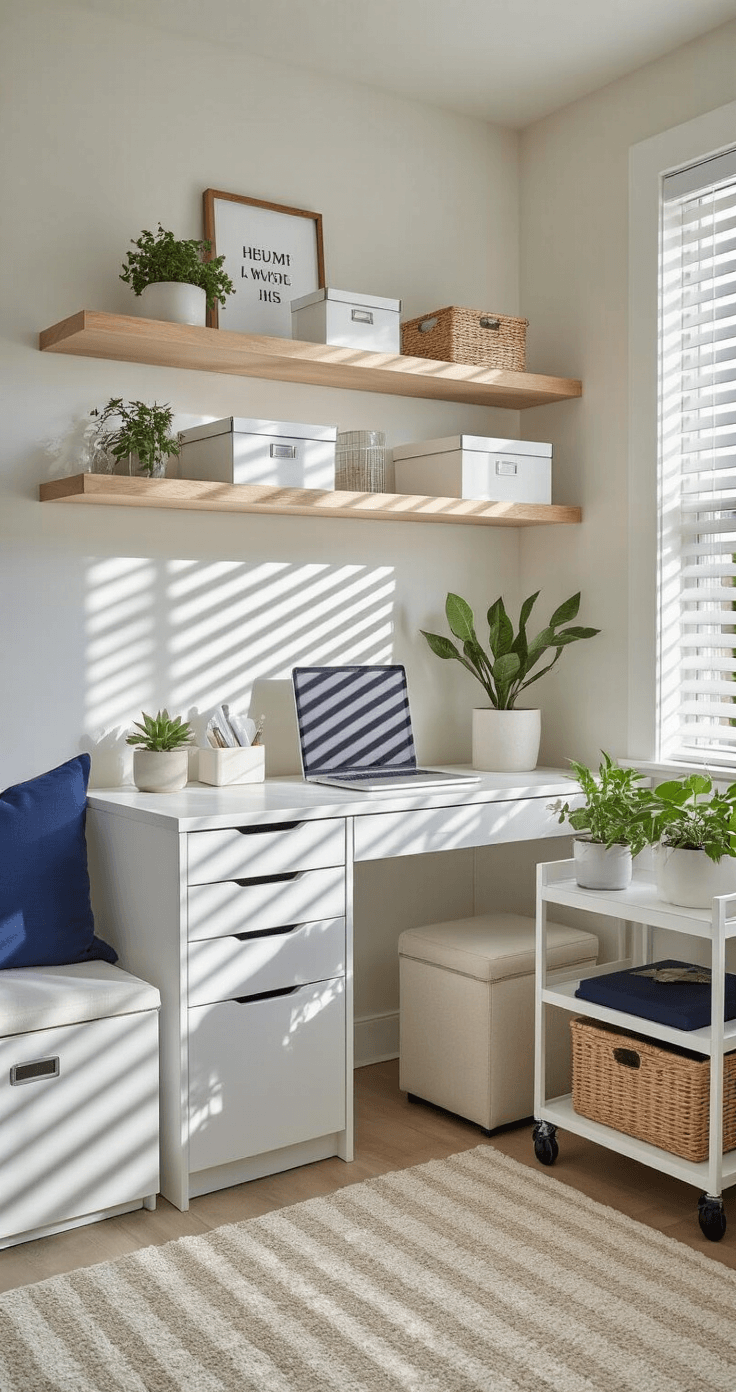 Eye-level view of a compact, stylish office space featuring a white desk with built-in drawers and floating shelves, illuminated by soft afternoon light. A rolling cart with plants, an ottoman storage cube, and organized vertical storage contribute to the efficient design, with hidden cables and accents of natural wood and a pop of navy blue.