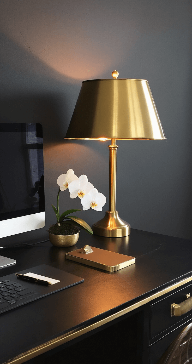 A three-quarter angle shot of a sophisticated desk setup featuring a dramatic brass table lamp with warm 2700K lighting, set against a charcoal accent wall. The black desk reflects the warm glow, adorned with a single white orchid, a gold pen holder, and a sleek, elevated monitor. Cable management is hidden, with matching brass hardware, creating a cozy and productive evening atmosphere.