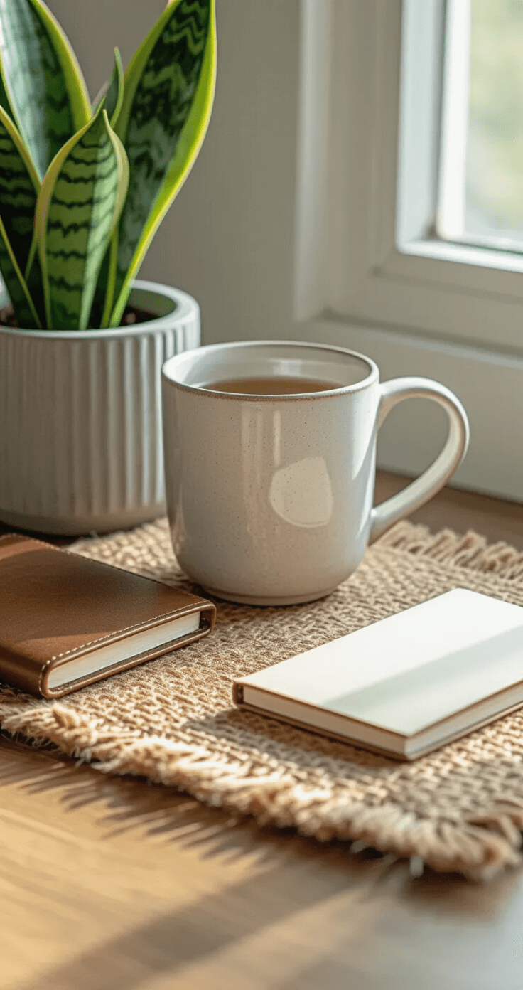 Close-up image of a corner desk setup featuring a jute desk pad, white ceramic coffee mug, leather-bound notebook, and a snake plant in a ribbed concrete planter, illuminated by morning light. The textures of the materials are highlighted, with a focus on neutral earth tones and warm whites, creating a tactile, organic atmosphere.