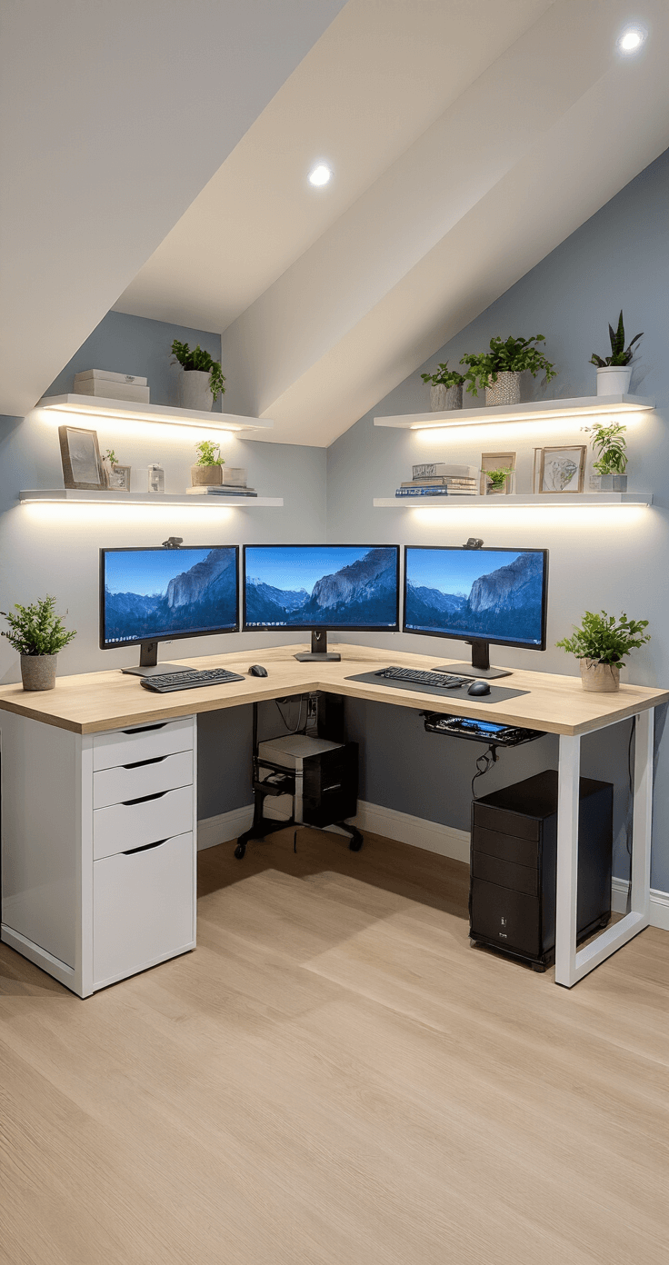Low-angle wide shot of a compact L-shaped desk in a small room with a vaulted ceiling, featuring a triple monitor setup, cable management, light pine floors, built-in corner shelves, and bright LED lighting, accented by green plants.