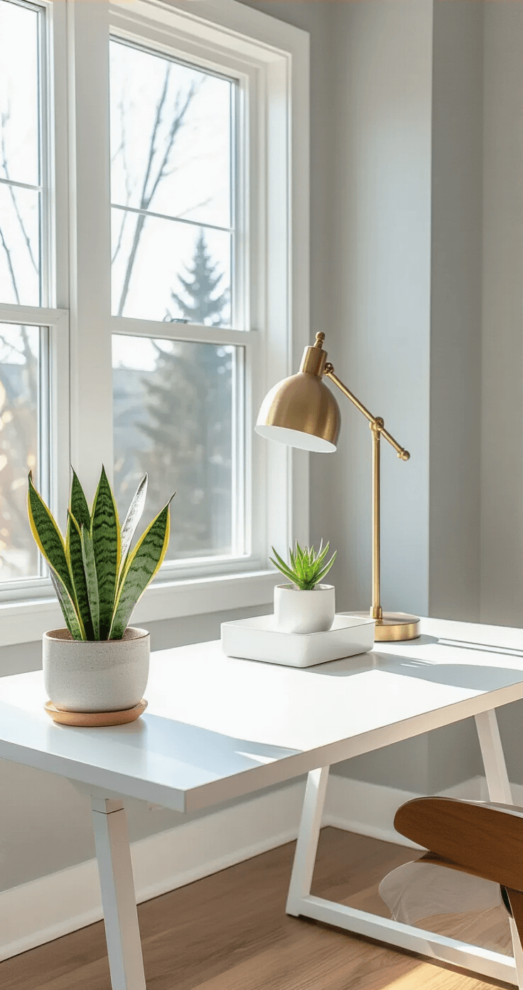 Wide-angle shot of a minimalist home office desk setup, featuring a white desk illuminated by natural light, a brass lamp, a snake plant, and a white organizer with gold accents, against soft gray walls and hardwood floors.