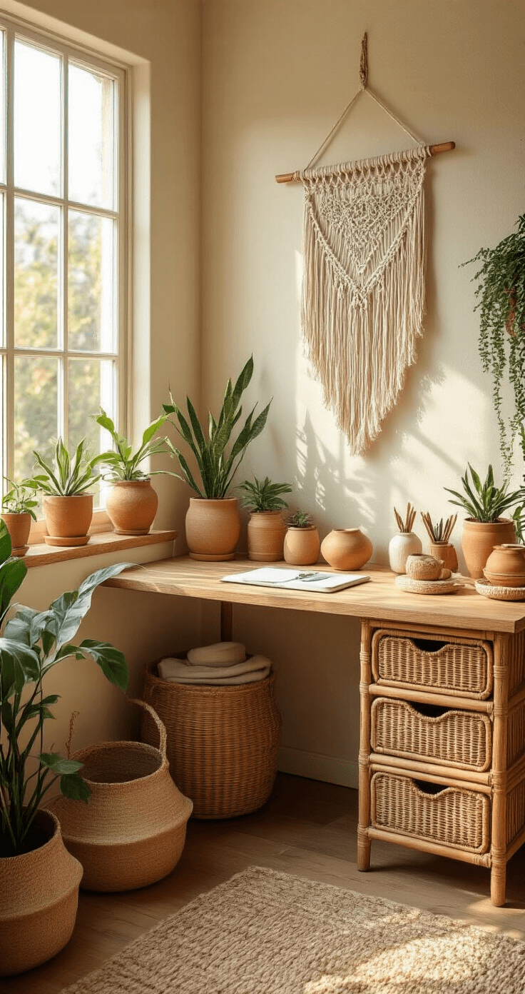 A cozy boho creative workspace corner featuring terracotta and sage green colors, macrame wall hanging, and warm golden hour lighting. Rattan desk organizers, small plants, and earth-tone ceramic bowls adorn a vintage wooden desk on textured cream walls and a natural fiber rug, creating an inspiring atmosphere.