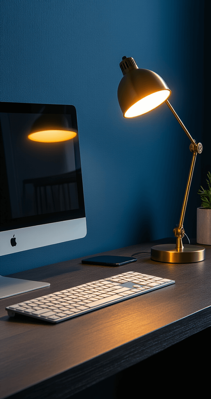 Straight-on view of a desk lighting setup featuring an adjustable warm LED lamp casting light on a dark wood surface, complemented by ambient lighting, a modern monitor, a sleek keyboard, and brass desk accessories; set against a deep blue accent wall.