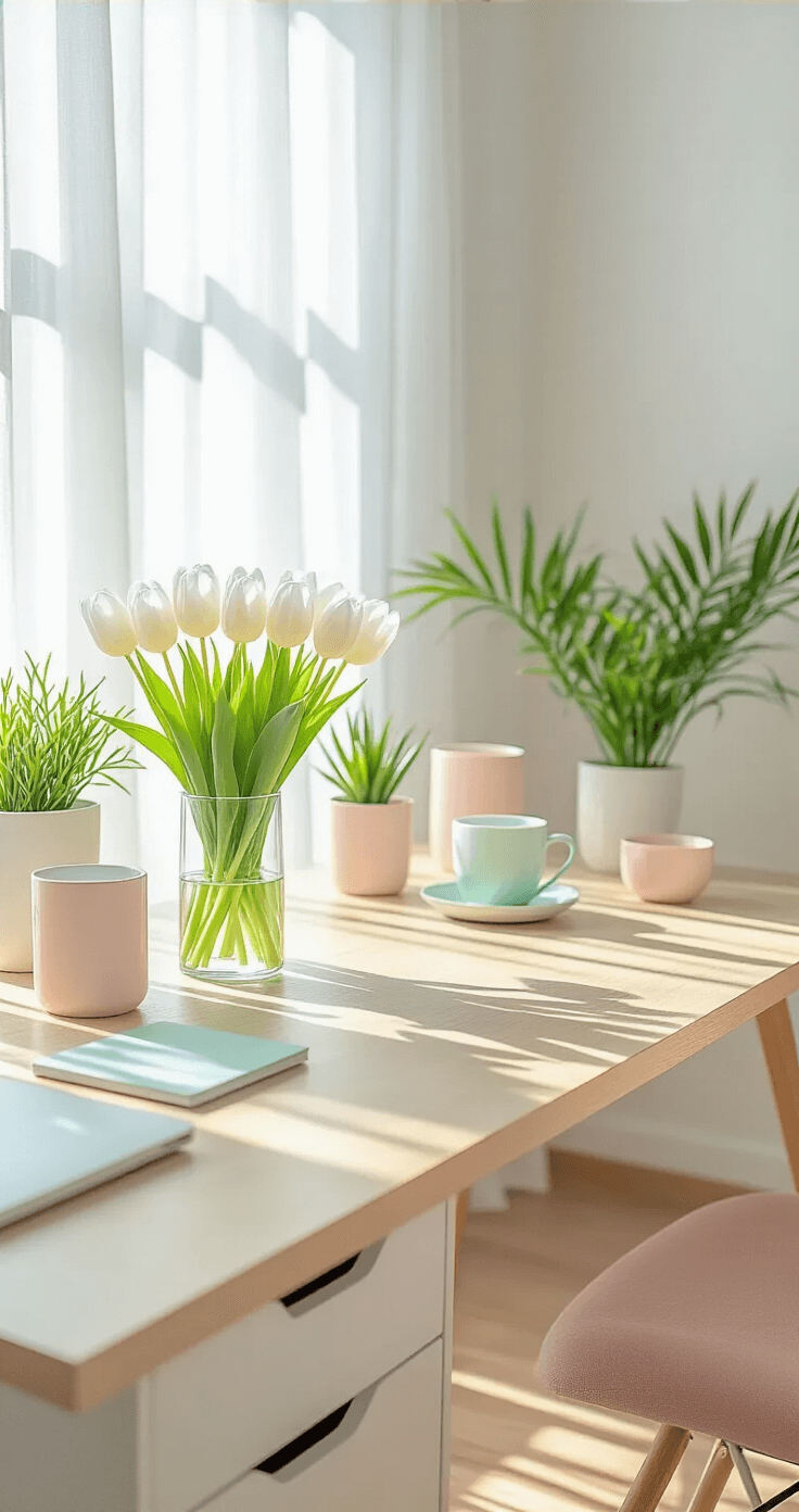 Wide shot of a bright spring-themed desk setup featuring fresh white tulips in a glass vase, pastel pink and mint green accessories, and new growth on plants, all illuminated by natural light through sheer curtains against clean white walls and light hardwood floors.