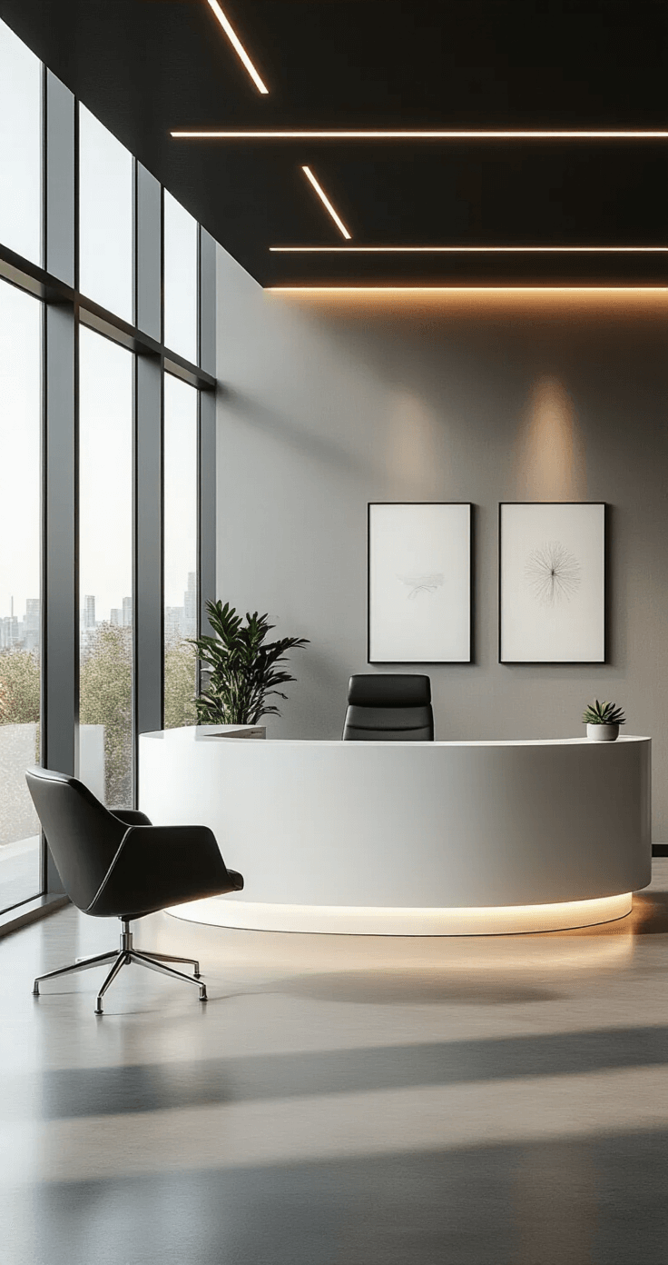 Photorealistic corporate reception area with a sleek white desk and black leather chair, bathed in afternoon natural light from floor-to-ceiling windows, featuring polished concrete floors, warm LED accents, and minimalist decor, creating a professional yet inviting atmosphere.